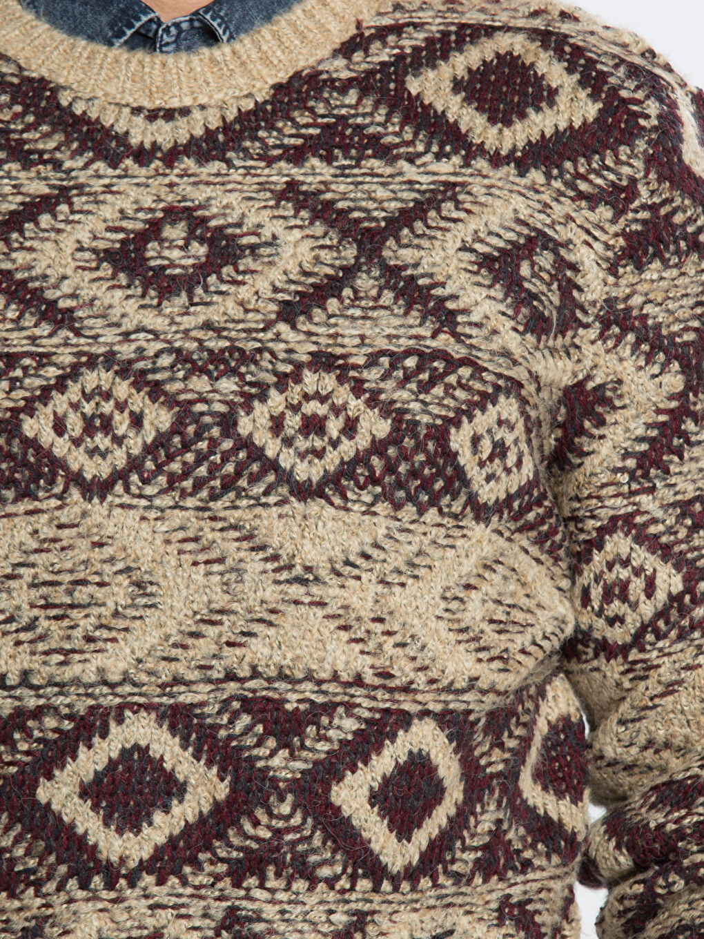 Bej Bisiklet Yaka Desenli Triko Kazak-4