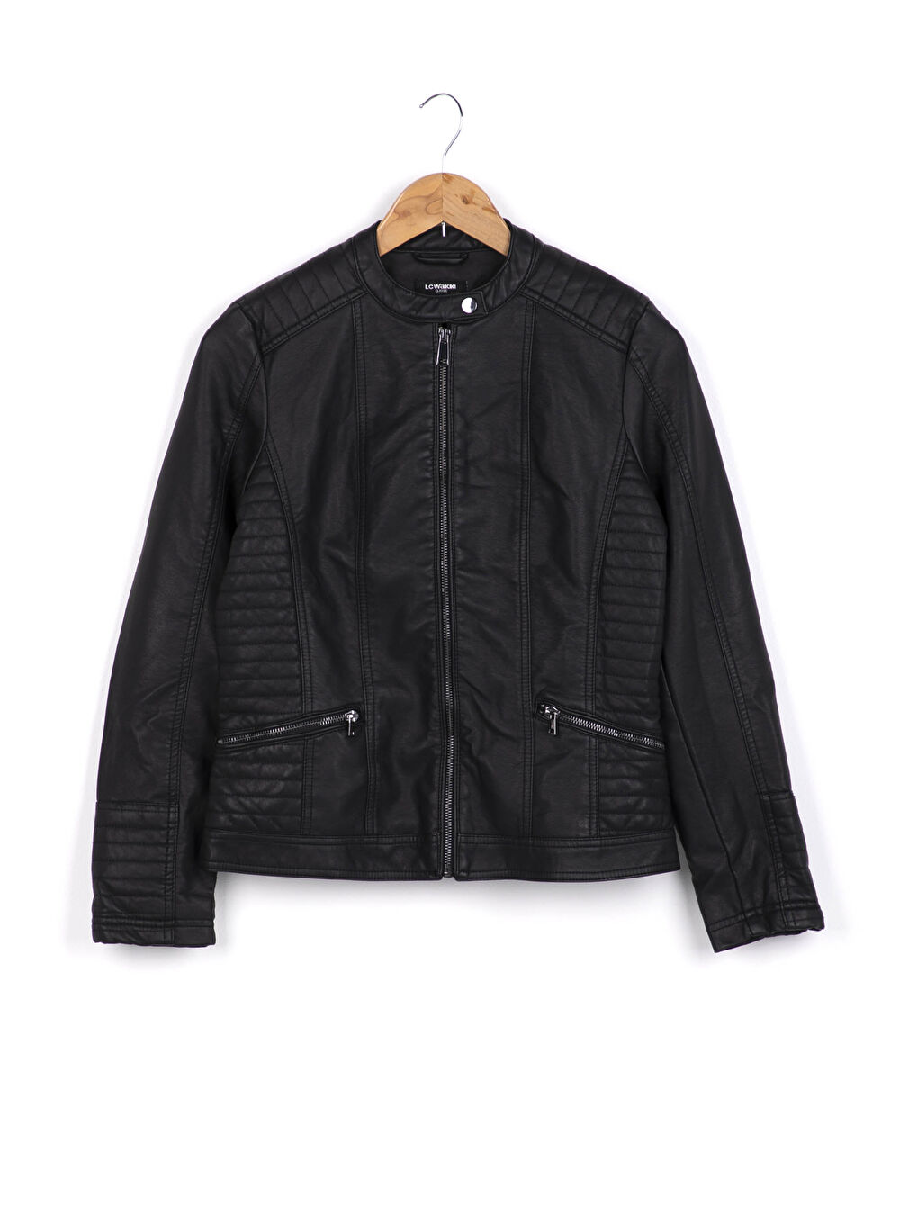 Crew Neck Leather Look Coat