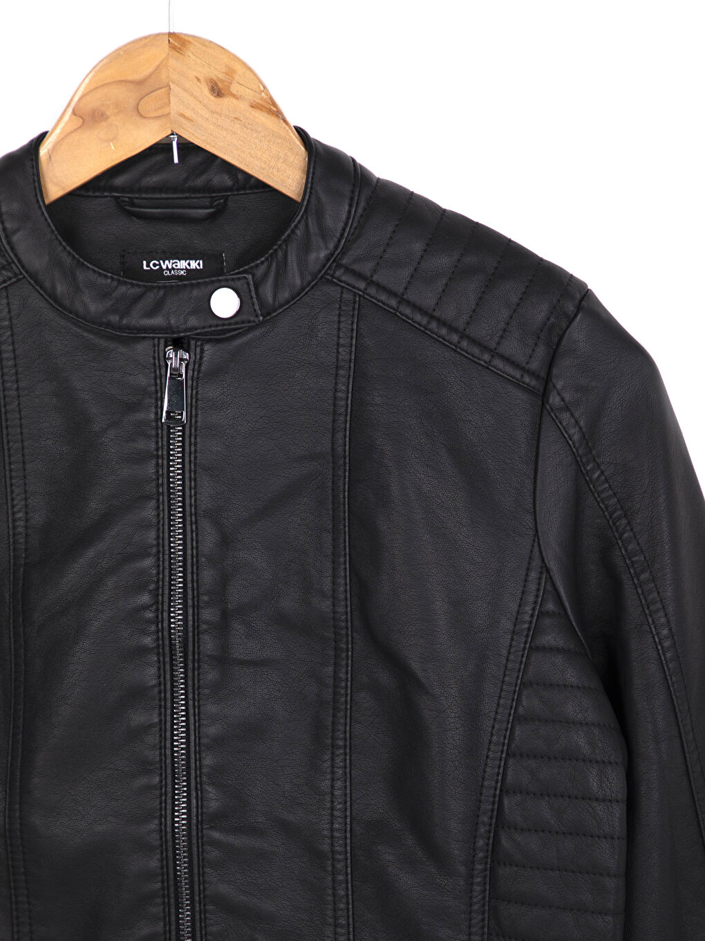 Crew Neck Leather Look Coat-2