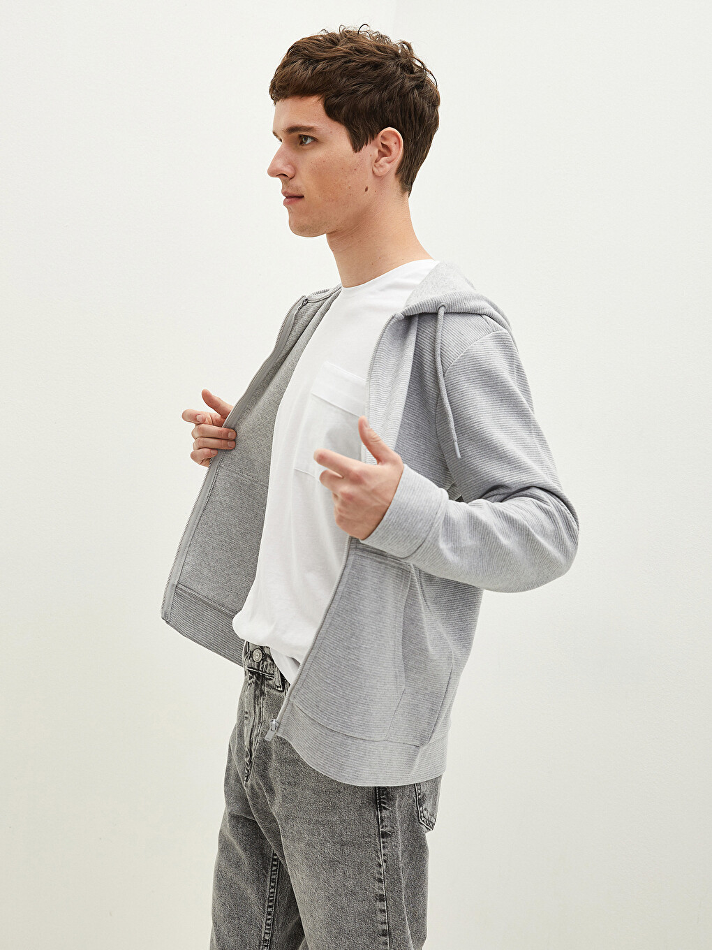 Gri Kapüşonlu Erkek Fermuarlı Sweatshirt