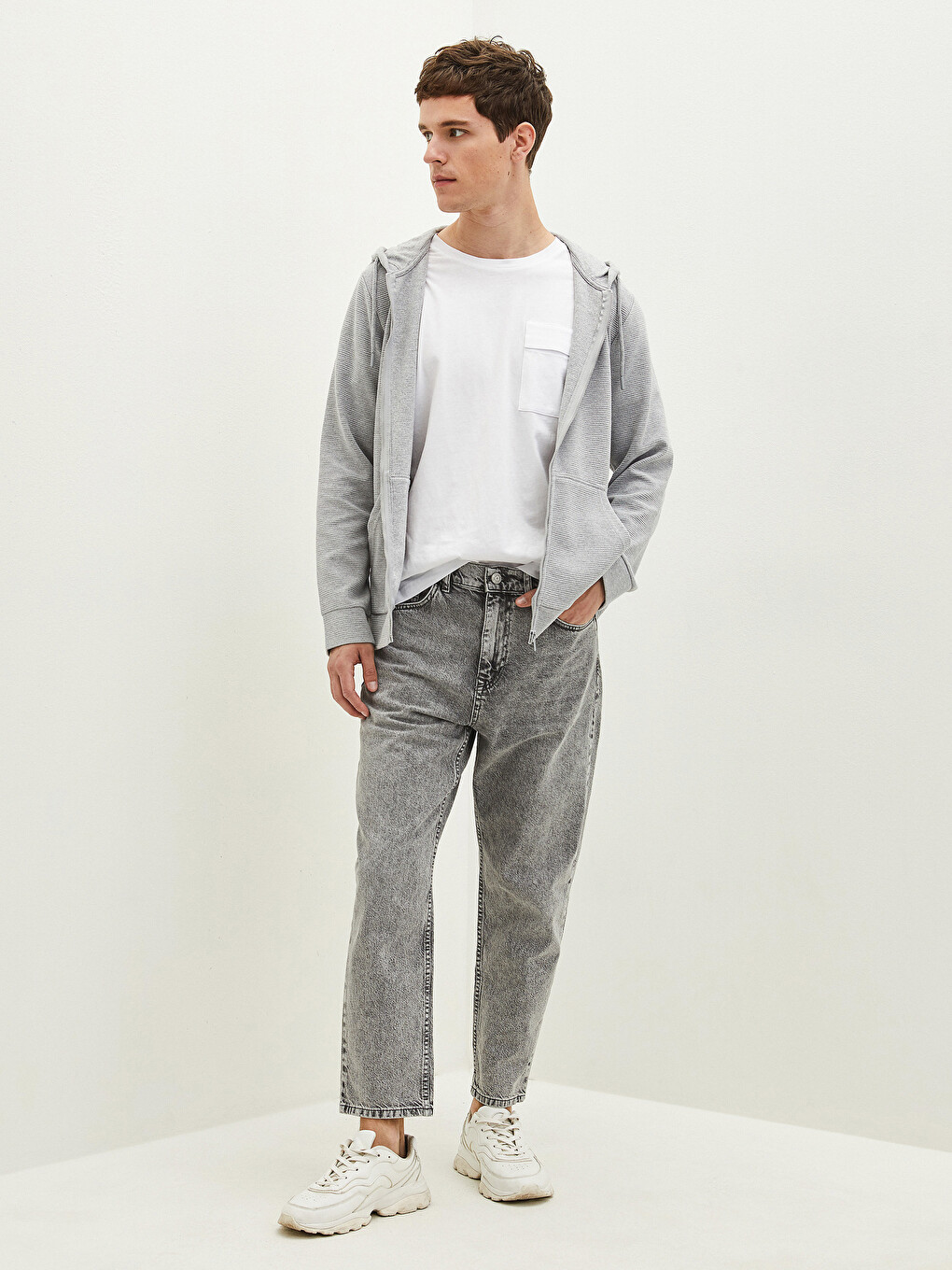 Gri Kapüşonlu Erkek Fermuarlı Sweatshirt-2