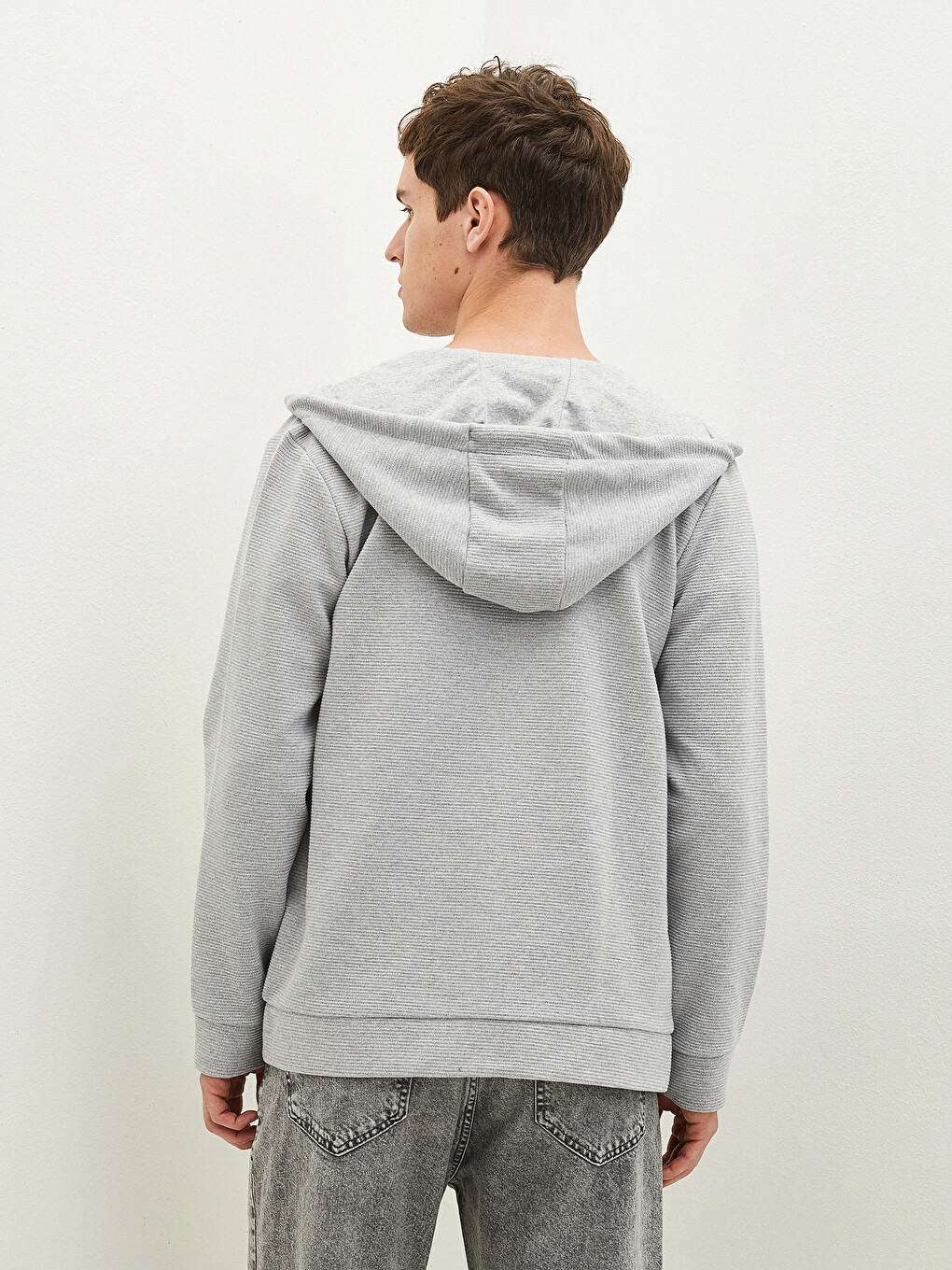 Gri Kapüşonlu Erkek Fermuarlı Sweatshirt-3