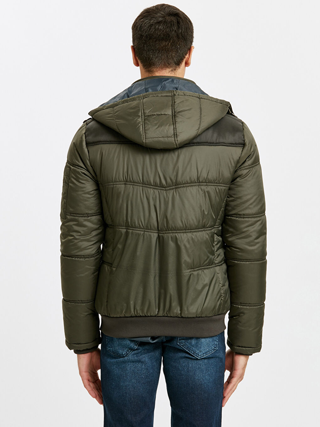 Haki Standart Kalıp Kapüşonlu Kalın Erkek Şişme Mont-2