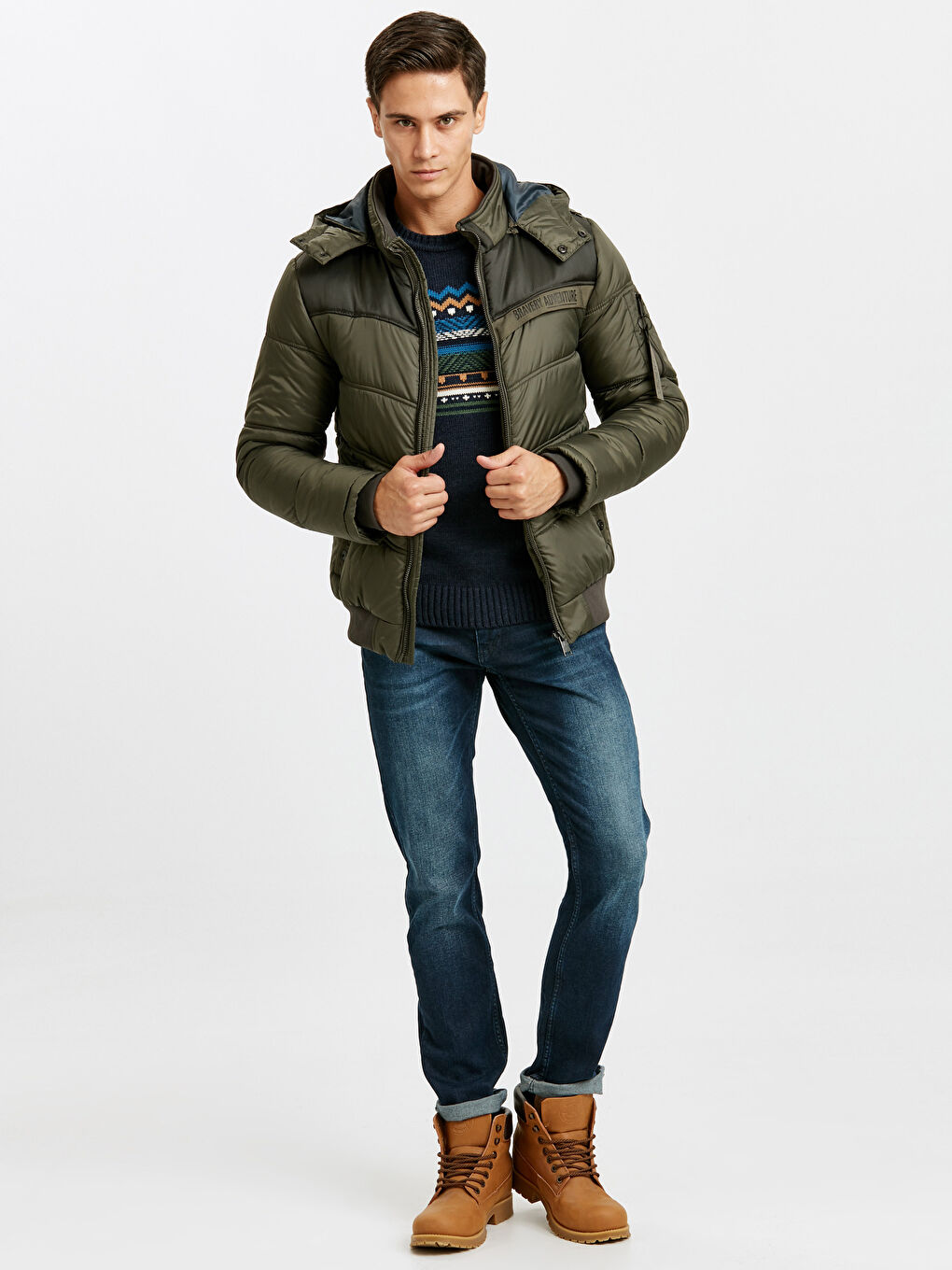 Haki Standart Kalıp Kapüşonlu Kalın Erkek Şişme Mont-3