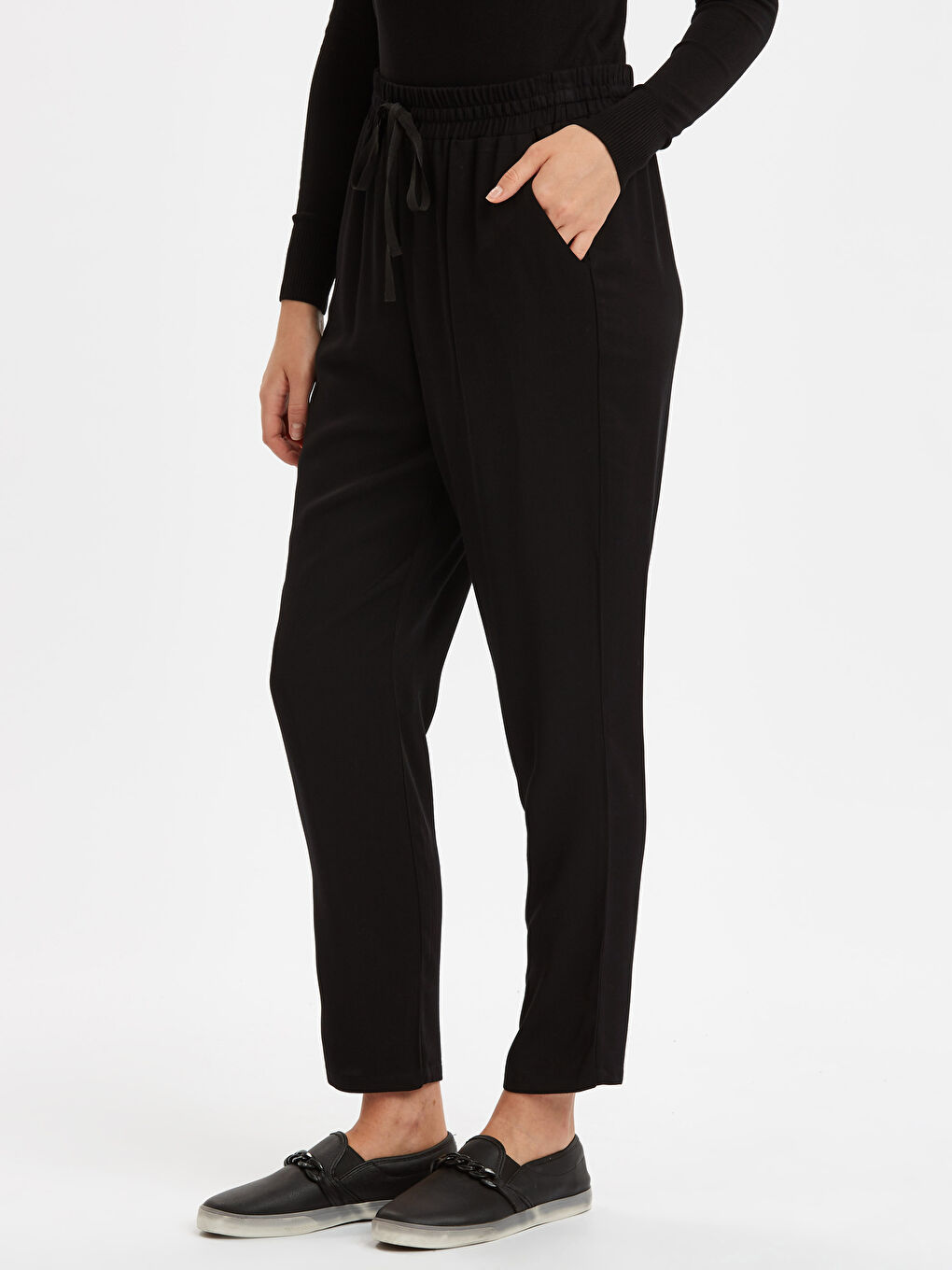 Elastic Waist Carrot Fit Viscose Trousers-1