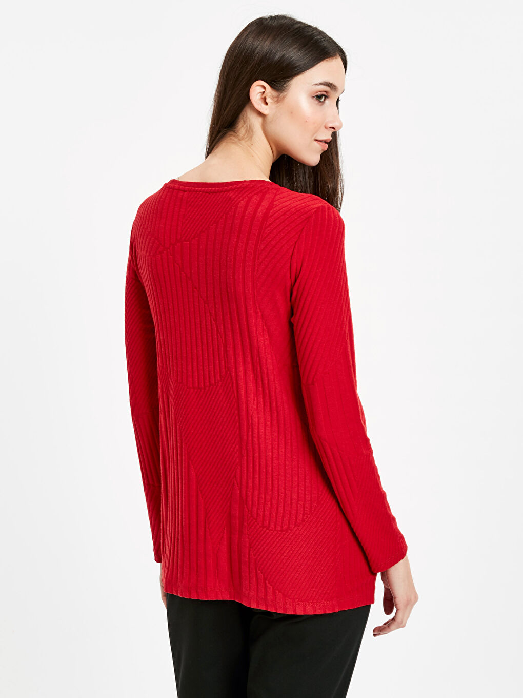 Kırmızı U Yaka Uzun Kollu Penye Esnek Hamile Tişört-3