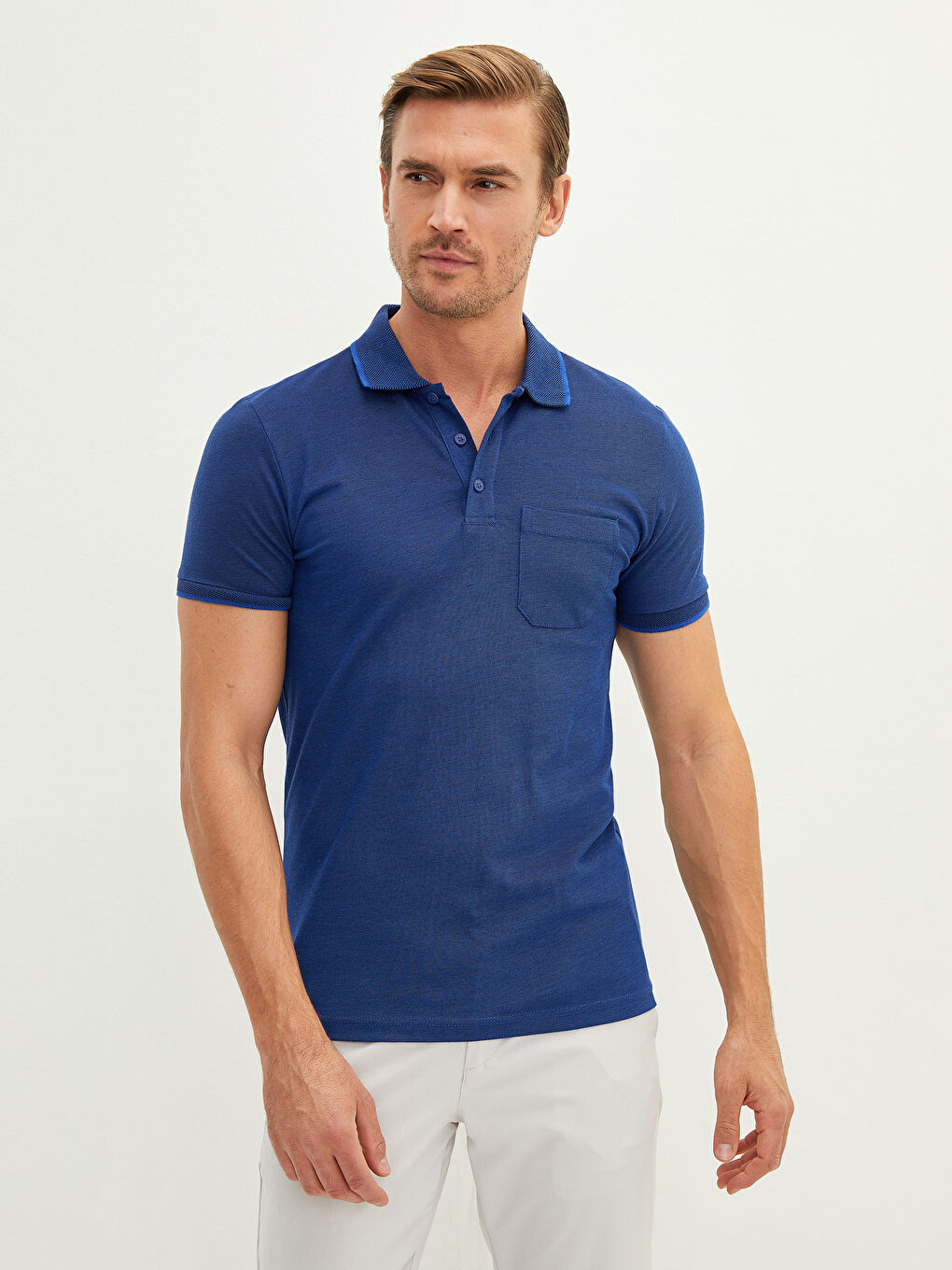 Mavi Polo Yaka Kısa Kollu Pike Erkek Tişört-1