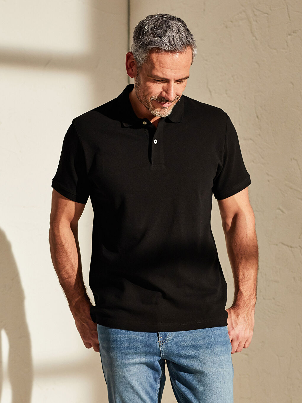 Siyah Polo Yaka Kısa Kollu Pike Erkek Tişört-4