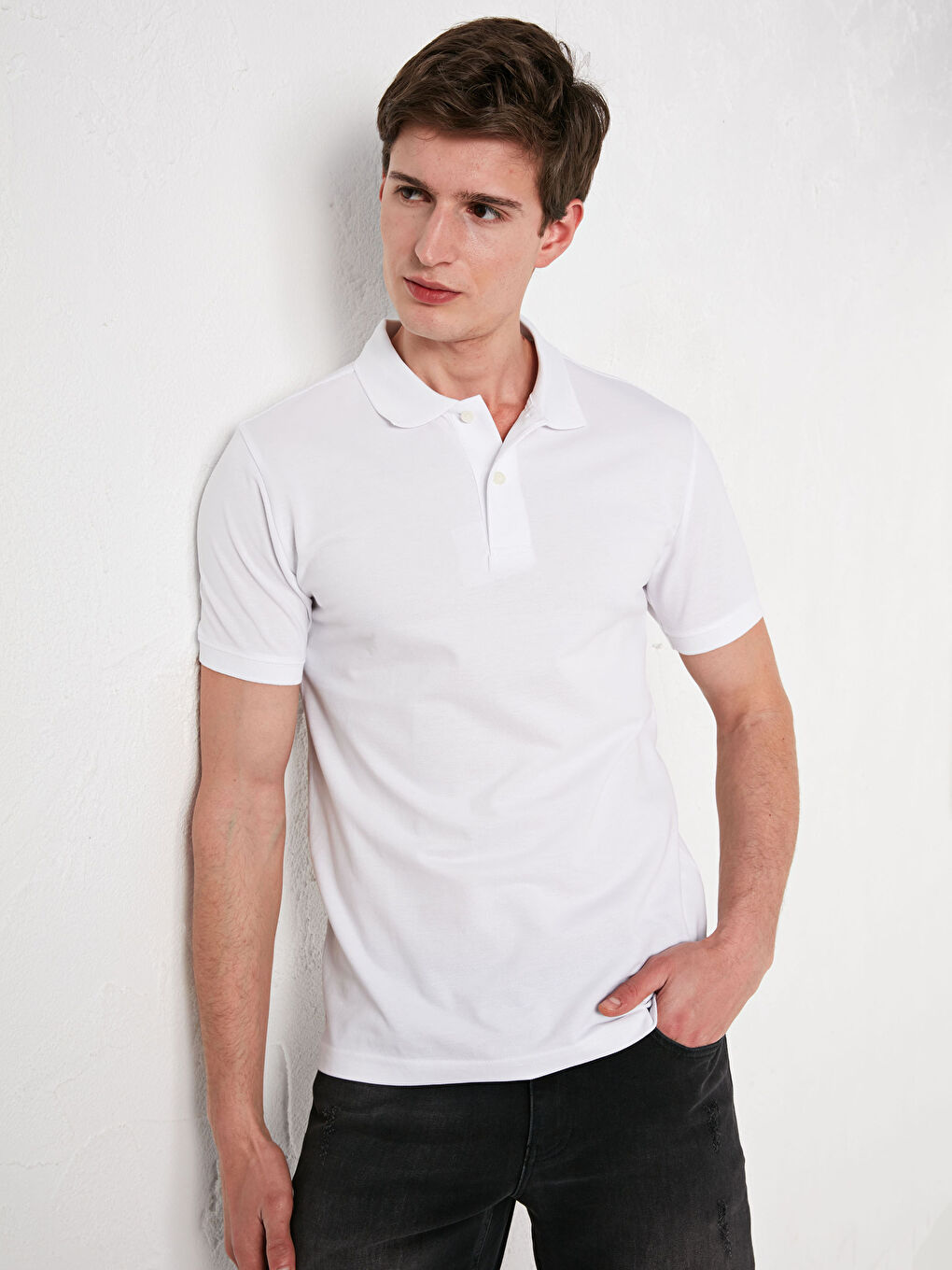 Beyaz Polo Yaka Kısa Kollu Pike Erkek Tişört-5