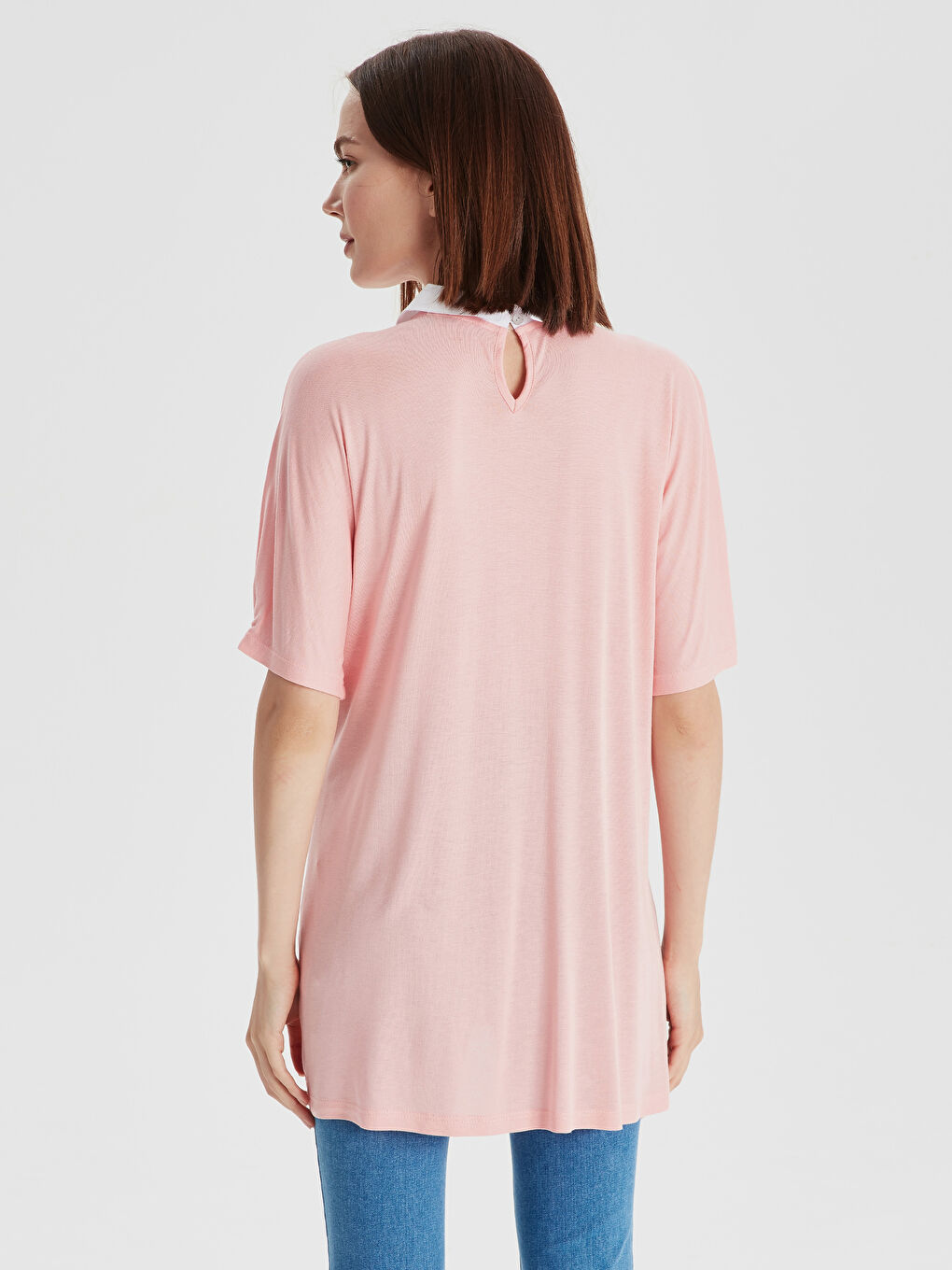 Pembe Yaka Detaylı Kısa Kollu Hamile Tişört-2
