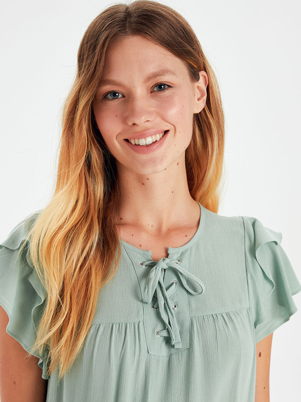 Yeşil Kolları Fırfırlı Viskon Hamile Bluz-1