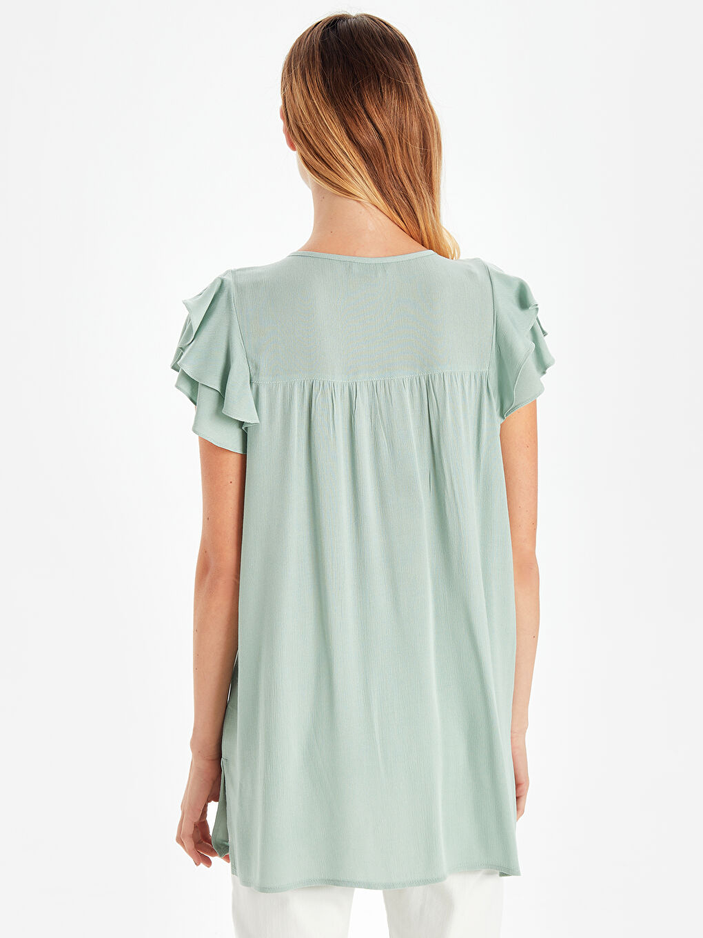 Yeşil Kolları Fırfırlı Viskon Hamile Bluz-2