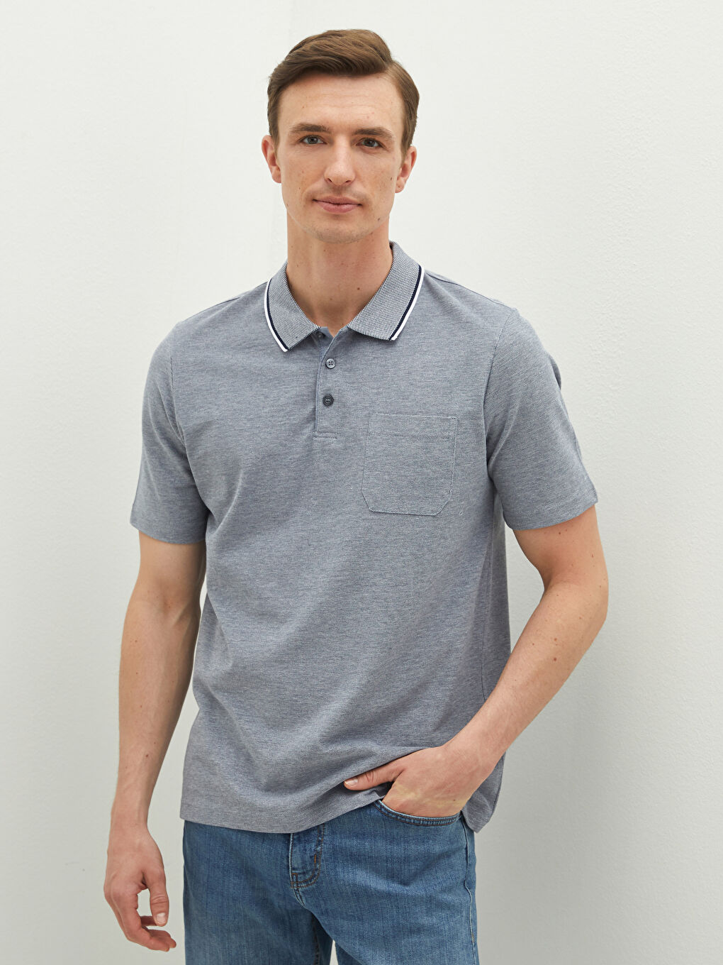 Lacivert Polo Yaka Kısa Kollu Pamuklu Erkek Tişört-1