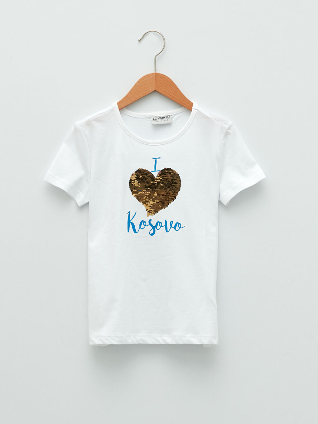 Beyaz Bisiklet Yaka Baskılı Pul İşlemeli Kısa Kollu Kız Çocuk Tişört-1