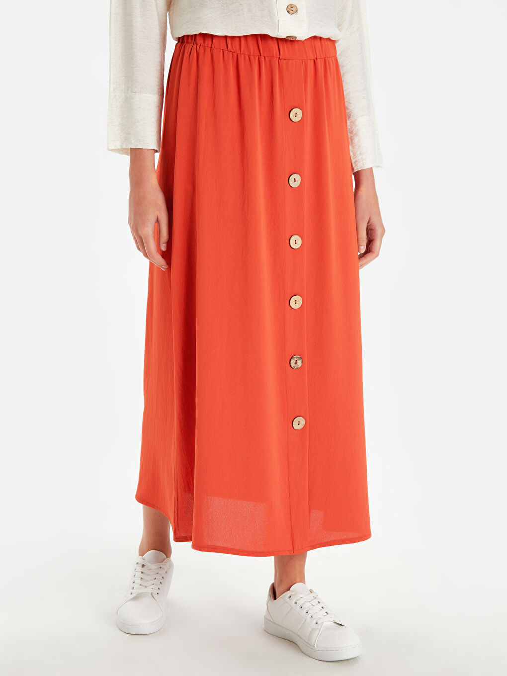 LCW Modest Elastic Waist Button-Down Flared Skirt -9SC434Z8-DBA