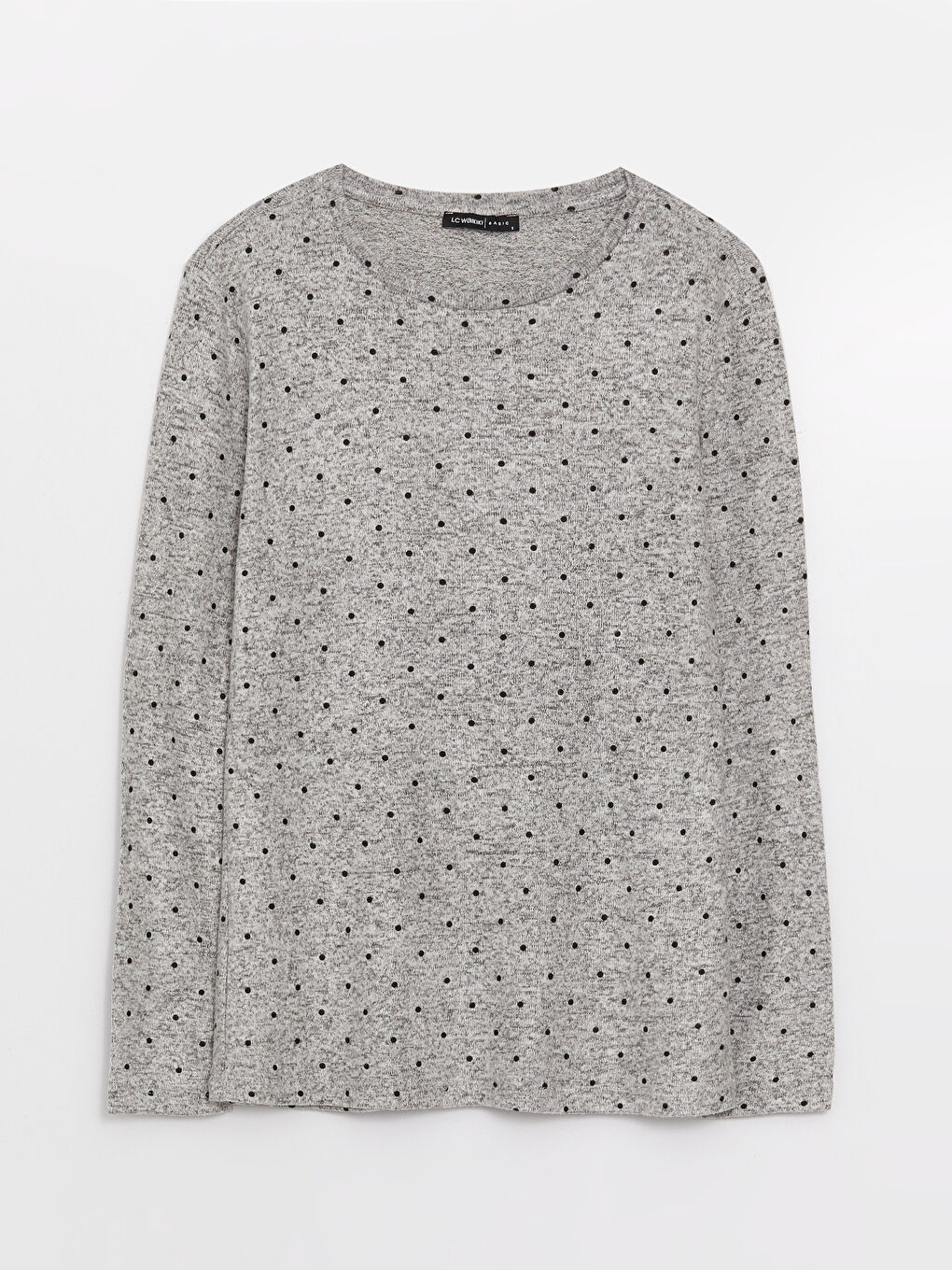 Siyah Bisiklet Yaka Puantiyeli Uzun Kollu Kadın Tişört-5