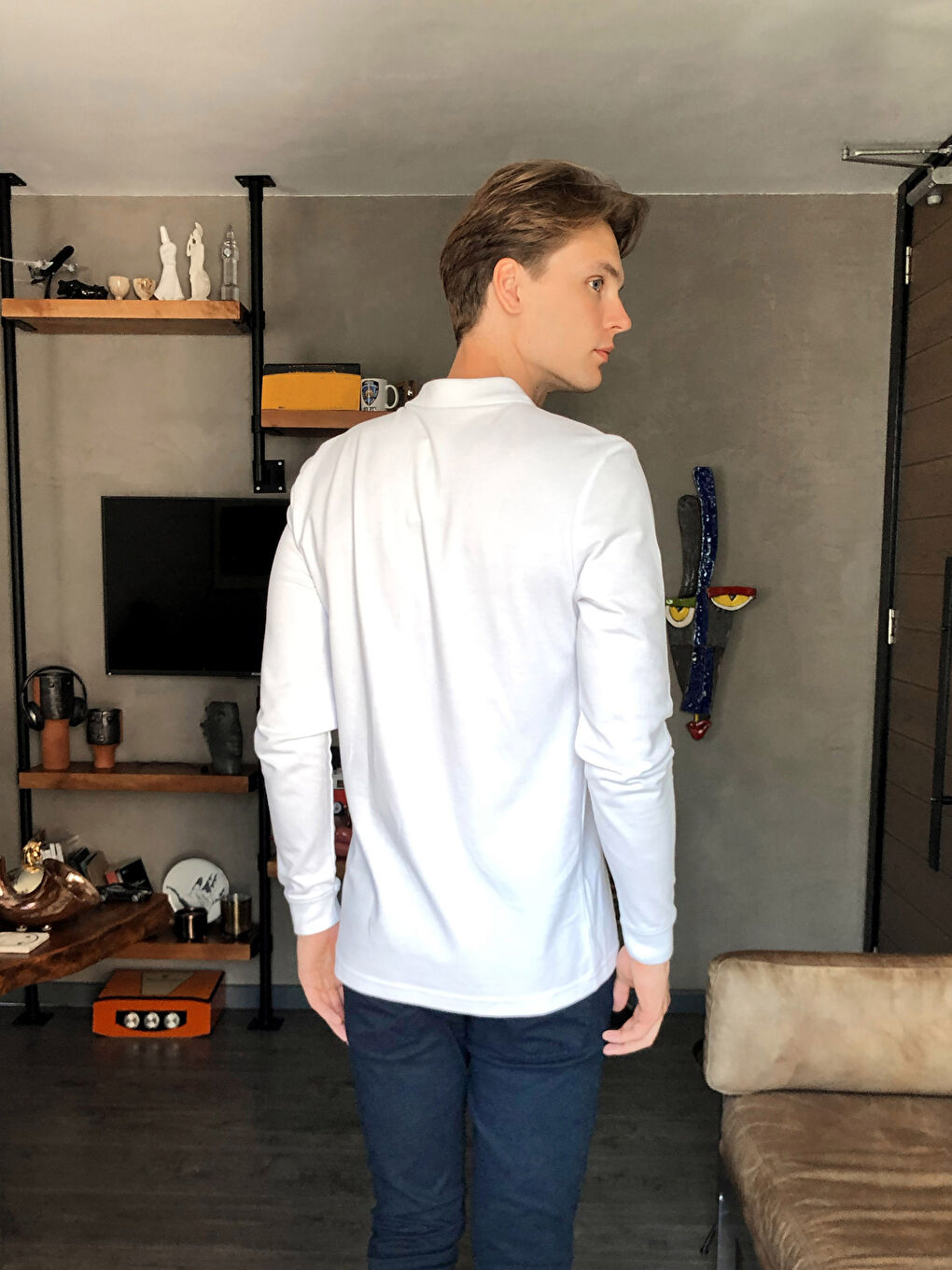 Beyaz Polo Yaka Uzun Kollu Basic Tişört-1