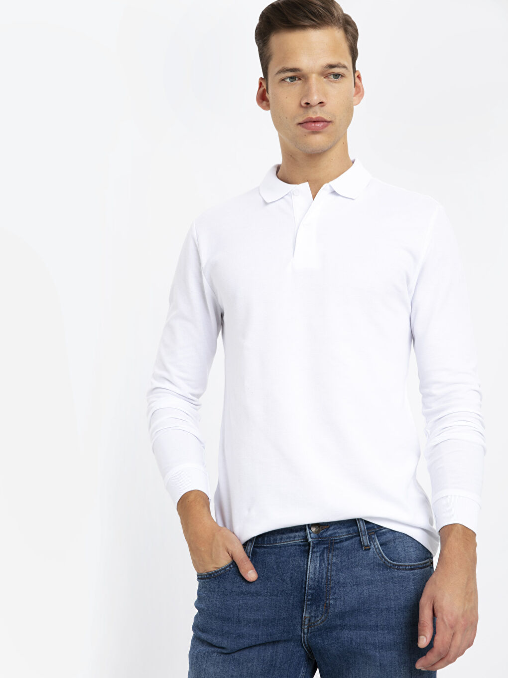 Beyaz Polo Yaka Uzun Kollu Basic Tişört-3