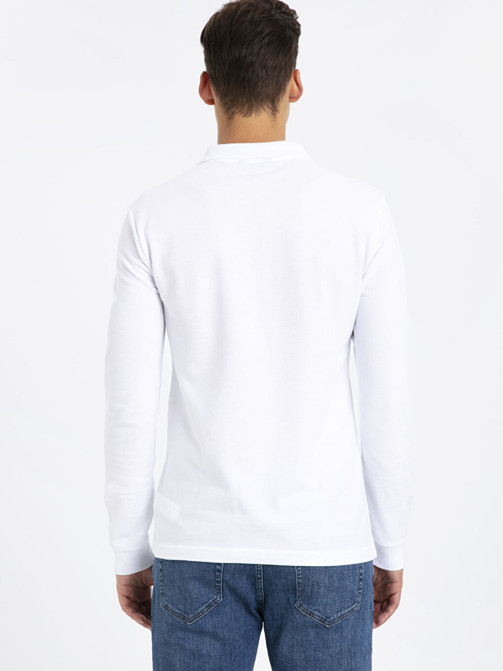 Beyaz Polo Yaka Uzun Kollu Basic Tişört-4