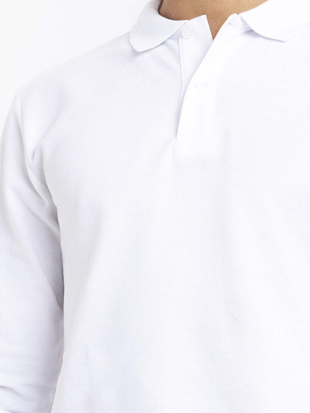 Beyaz Polo Yaka Uzun Kollu Basic Tişört-5