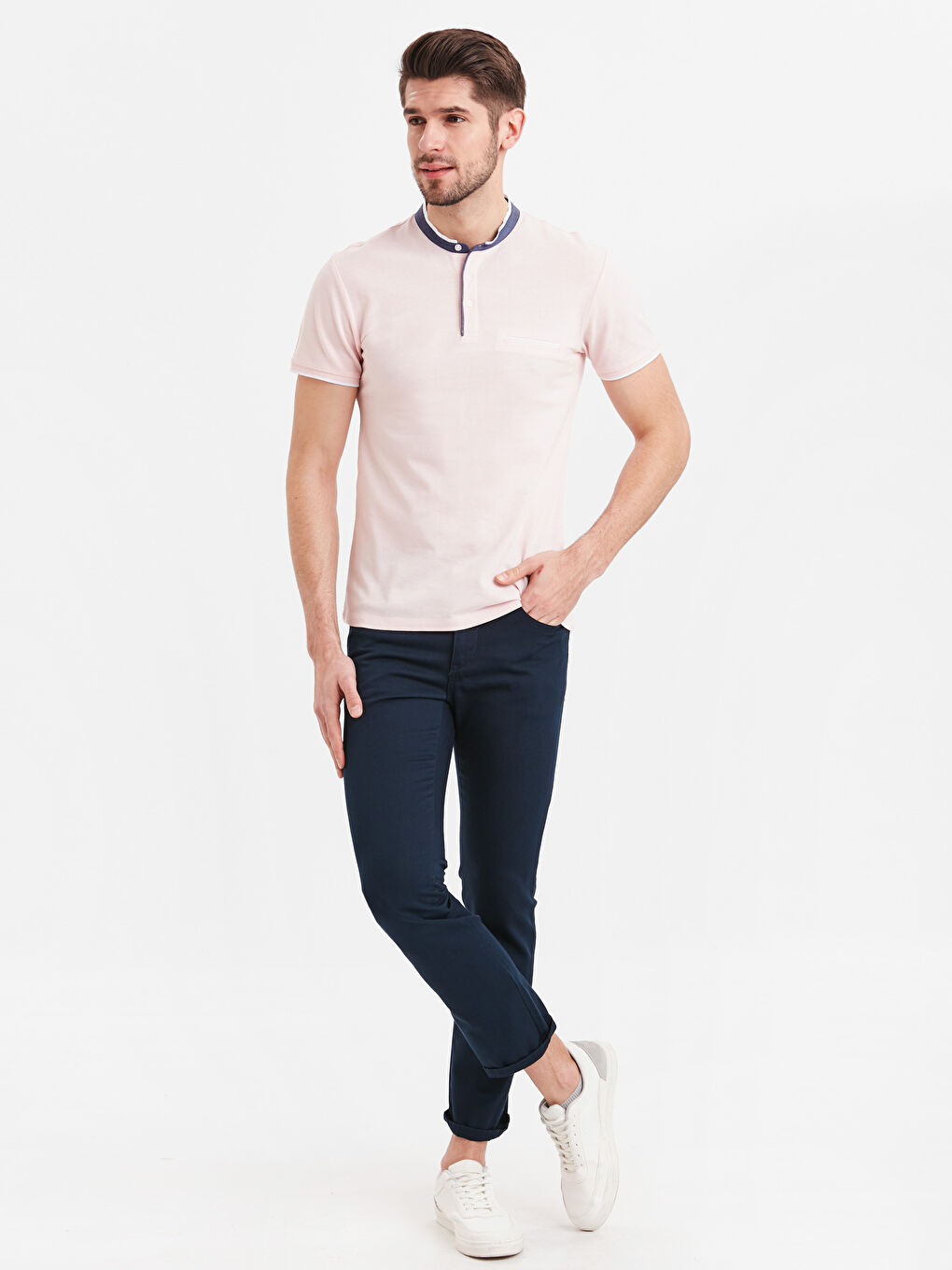 Grandad Collar and Short Sleeve Cotton T-Shirt-1