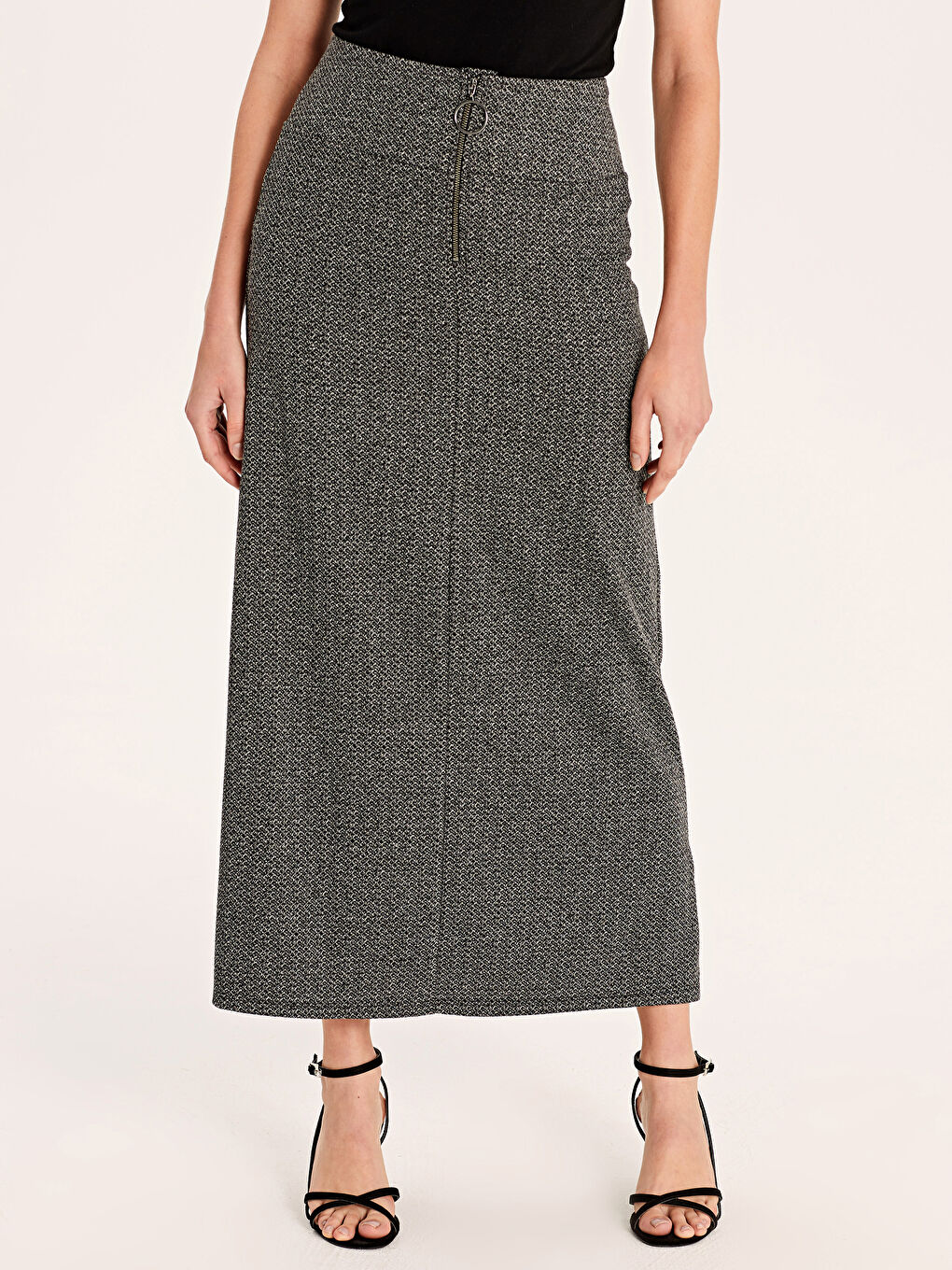 Siyah Beli Lastikli Desenli A Kesim Ponte Kumaş Kadın Etek-1