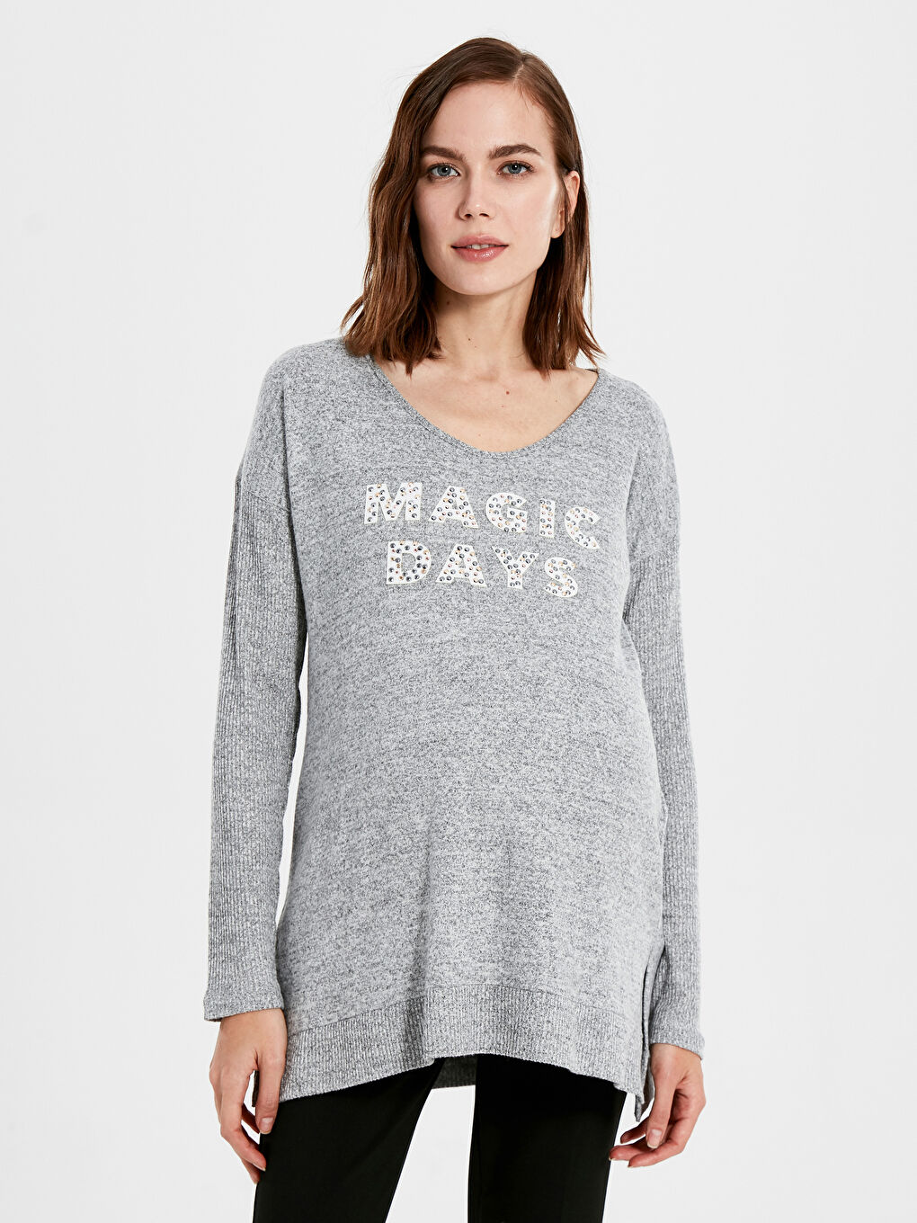 Gri Kendinden Desenli Yazı Baskılı Hamile Tunik