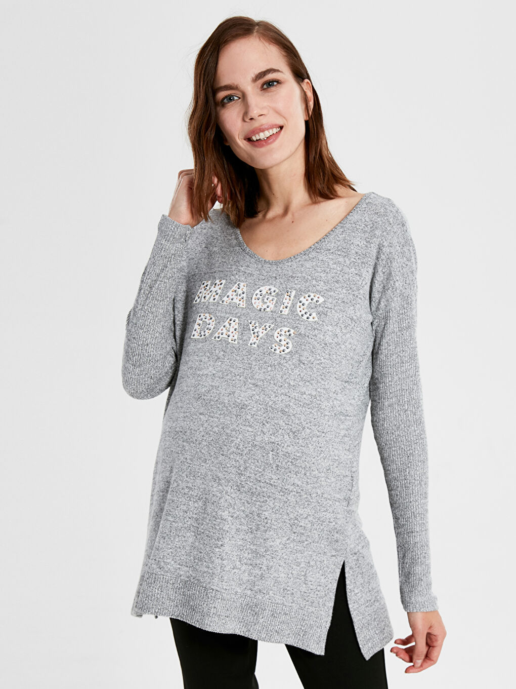 Gri Kendinden Desenli Yazı Baskılı Hamile Tunik-1