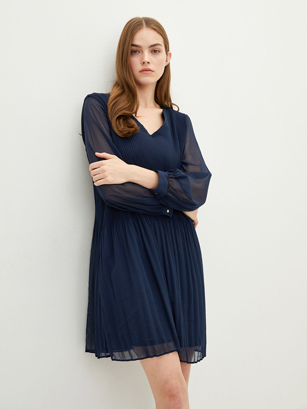 Lacivert V Yaka Düz Uzun Kollu Şifon Kadın Elbise