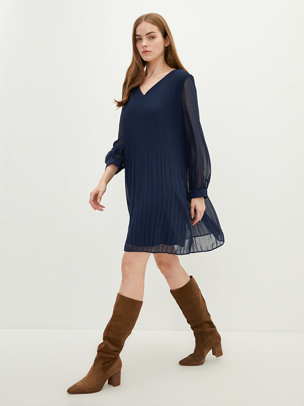 Lacivert V Yaka Düz Uzun Kollu Şifon Kadın Elbise-1