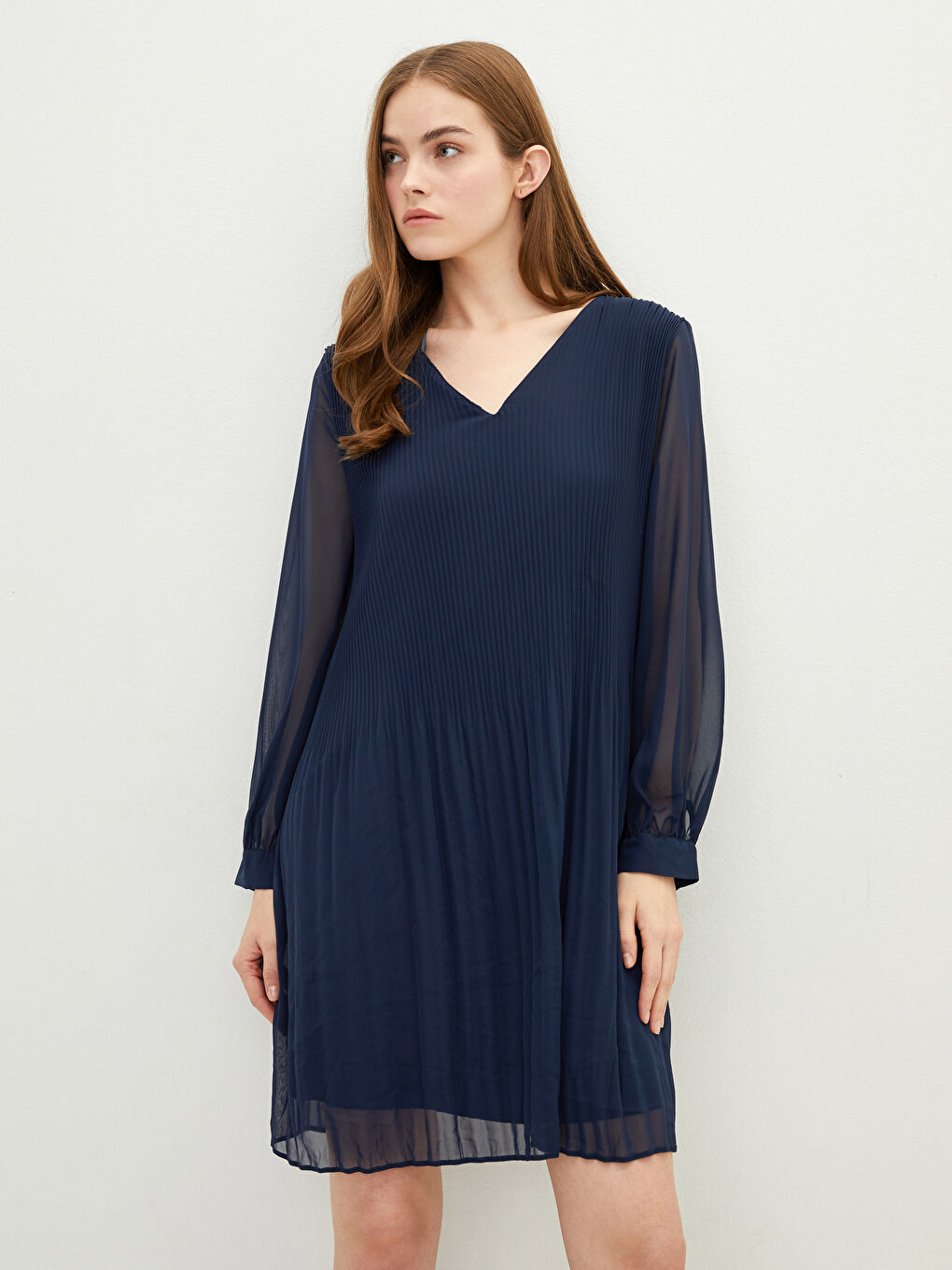 Lacivert V Yaka Düz Uzun Kollu Şifon Kadın Elbise-2