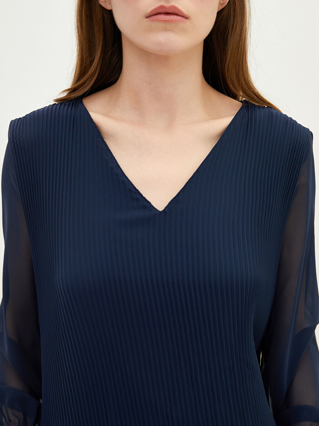 Lacivert V Yaka Düz Uzun Kollu Şifon Kadın Elbise-3