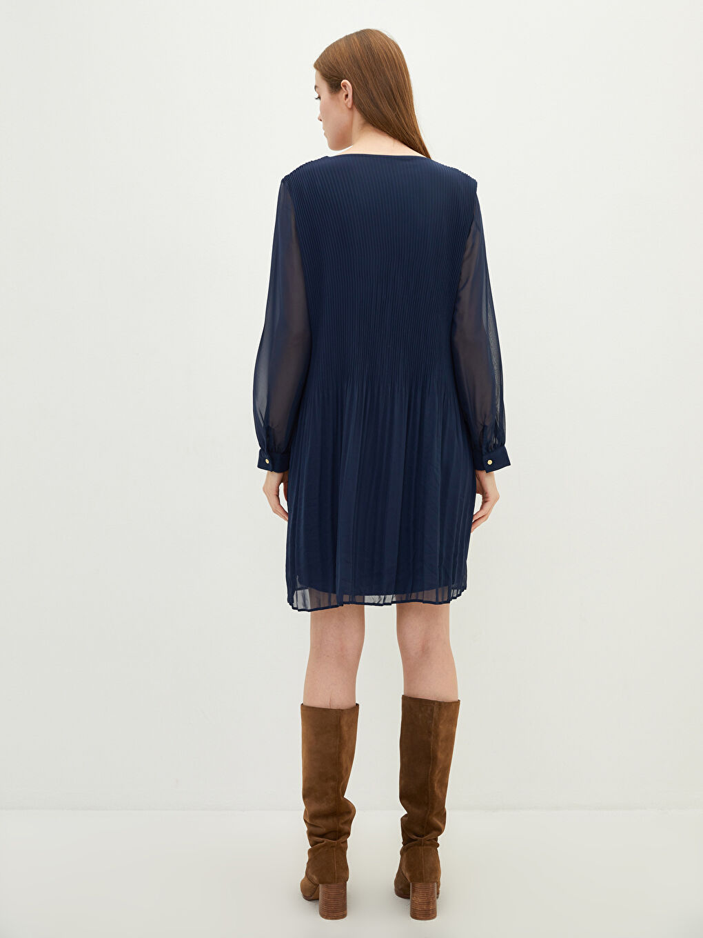 Lacivert V Yaka Düz Uzun Kollu Şifon Kadın Elbise-4