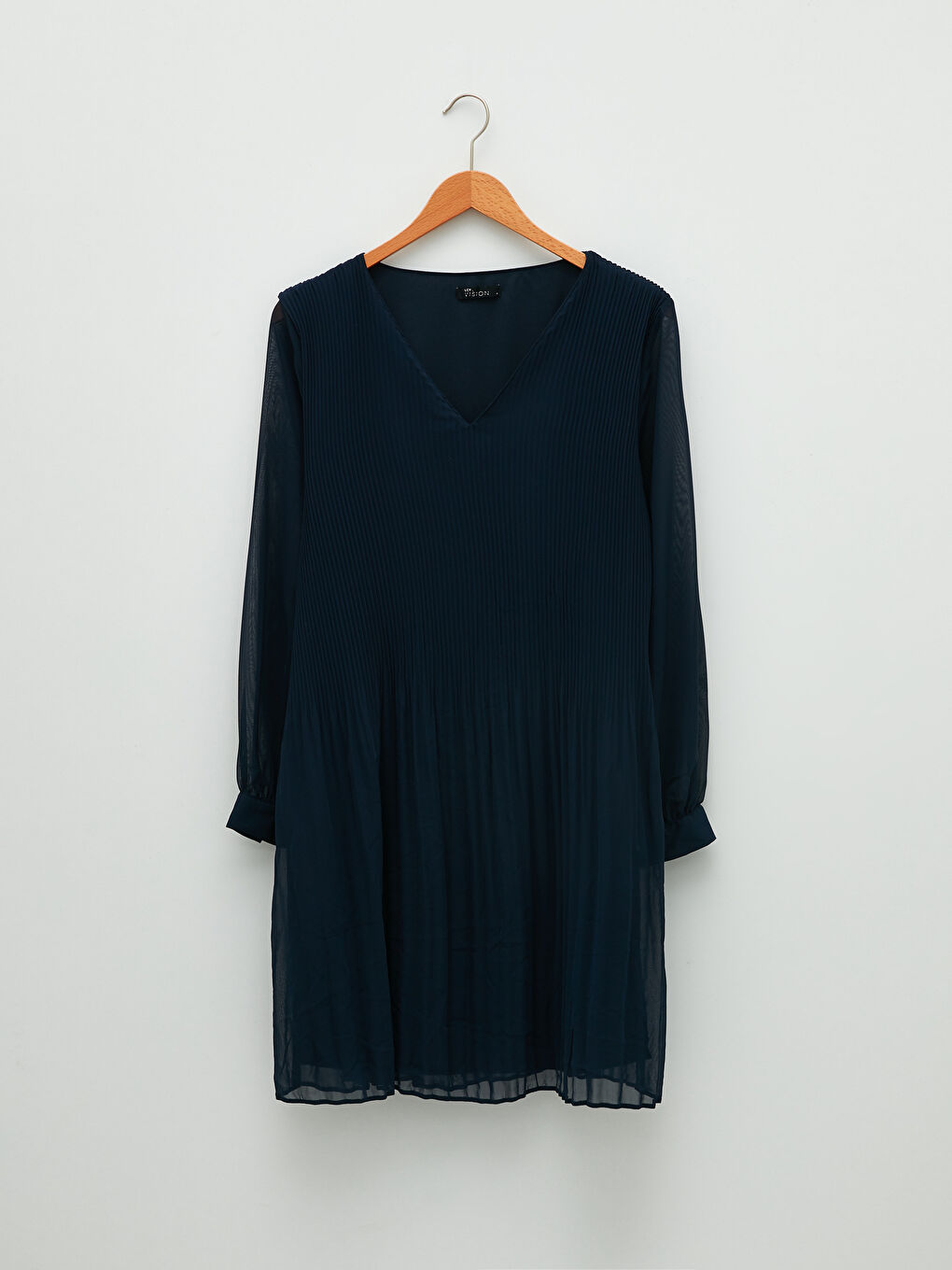 Lacivert V Yaka Düz Uzun Kollu Şifon Kadın Elbise-5