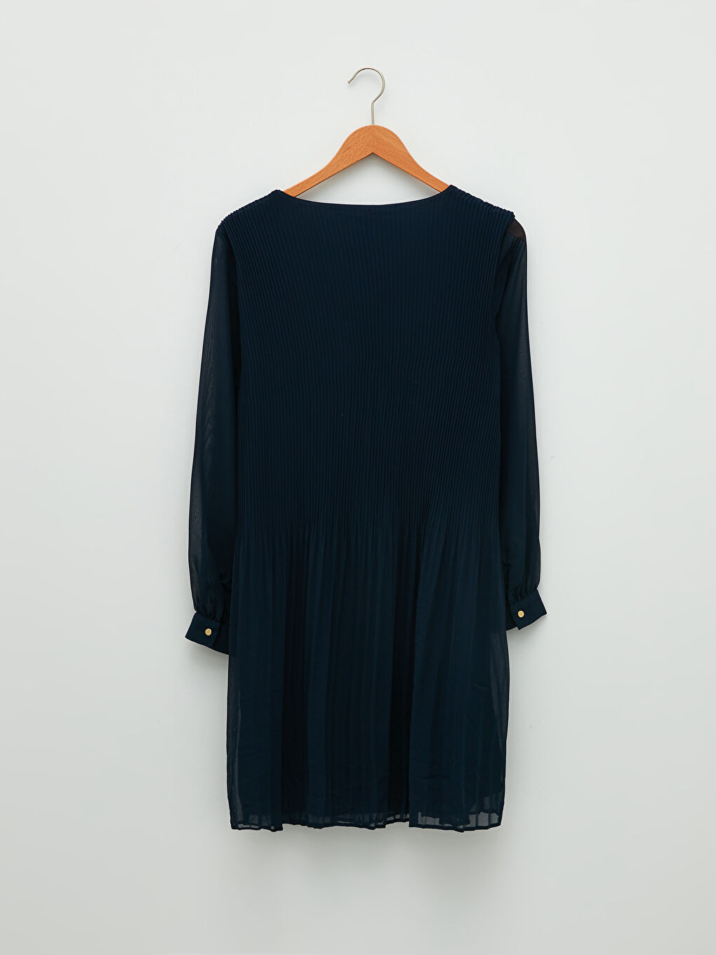 Lacivert V Yaka Düz Uzun Kollu Şifon Kadın Elbise-6