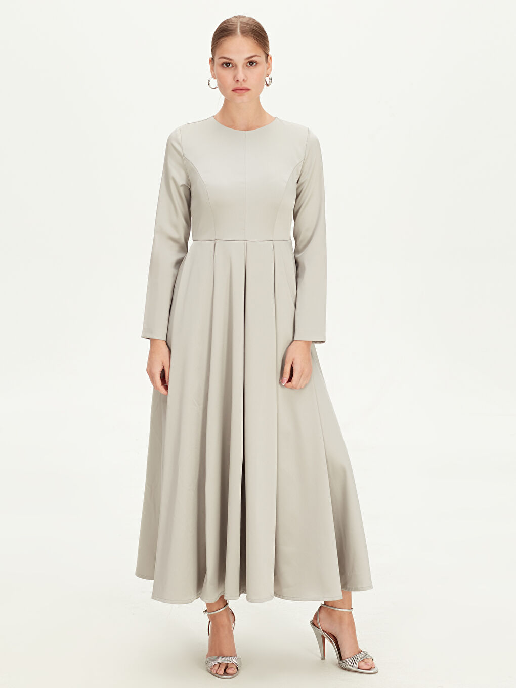 Gri Kadın Bisiklet Yaka Uzun Kollu Düz Elbise-4