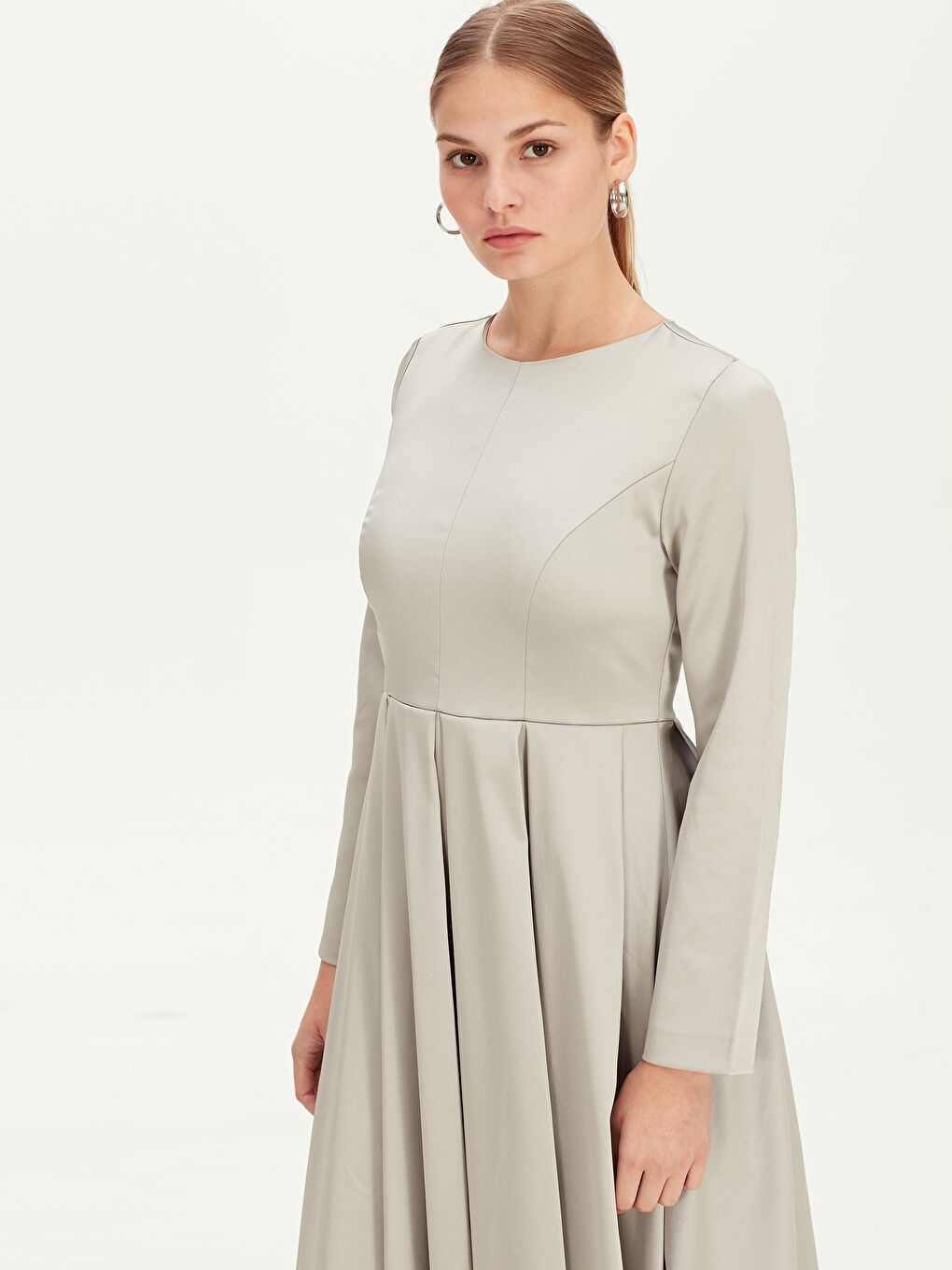 Gri Kadın Bisiklet Yaka Uzun Kollu Düz Elbise-5