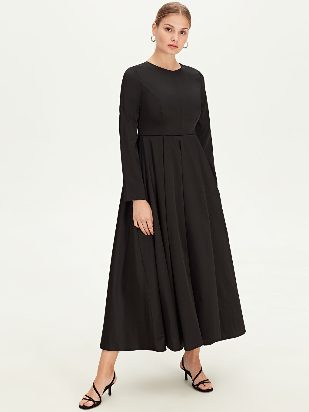 Siyah Kadın Bisiklet Yaka Uzun Kollu Düz Elbise-3