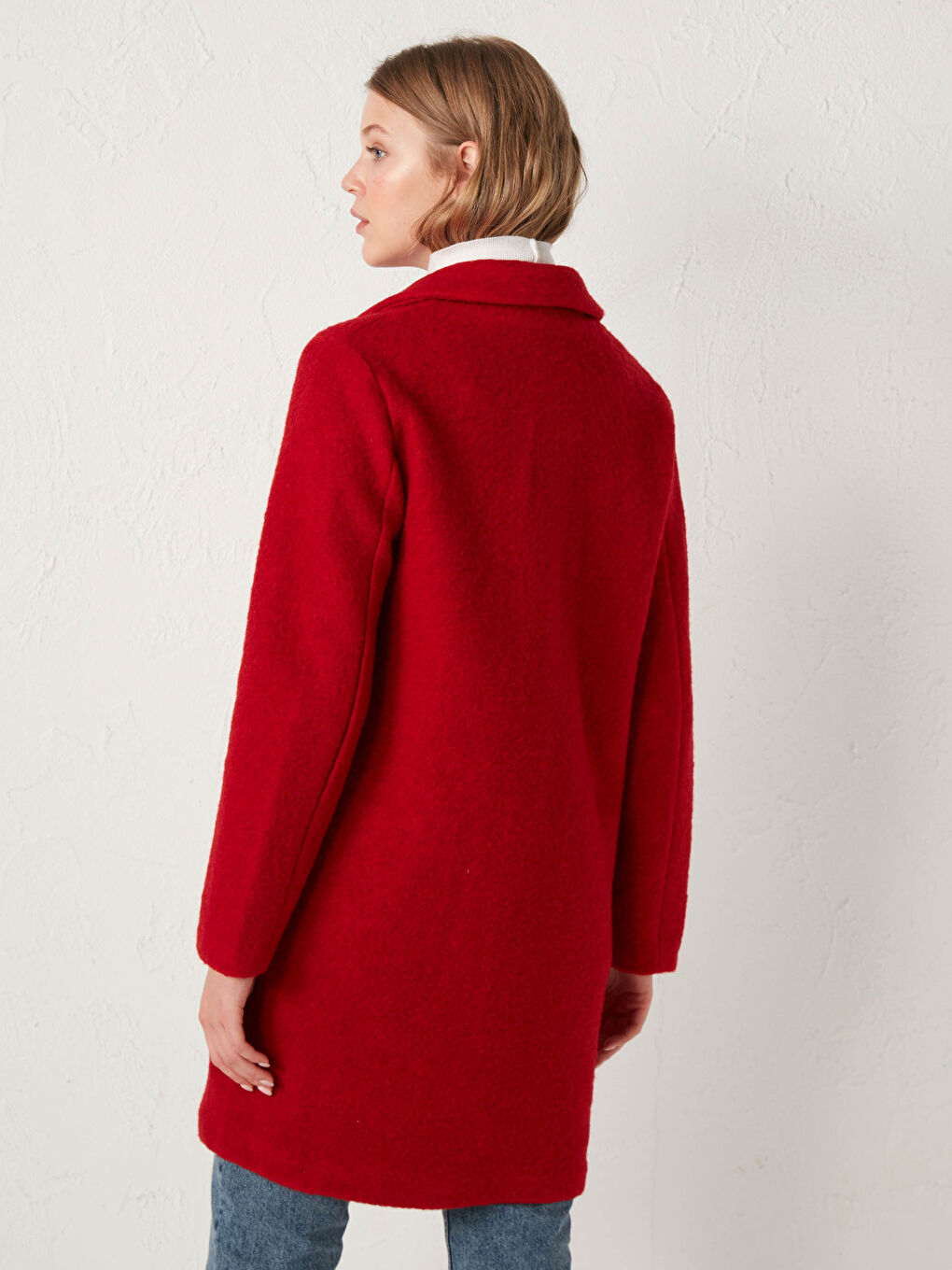 Kırmızı Yakalı Kalın Uzun Kollu Kadın Kaşe Kaban-5