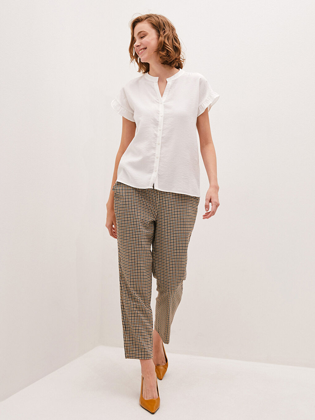 Kahverengi Beli Lastikli Ekose Kadın Havuç Pantolon-1