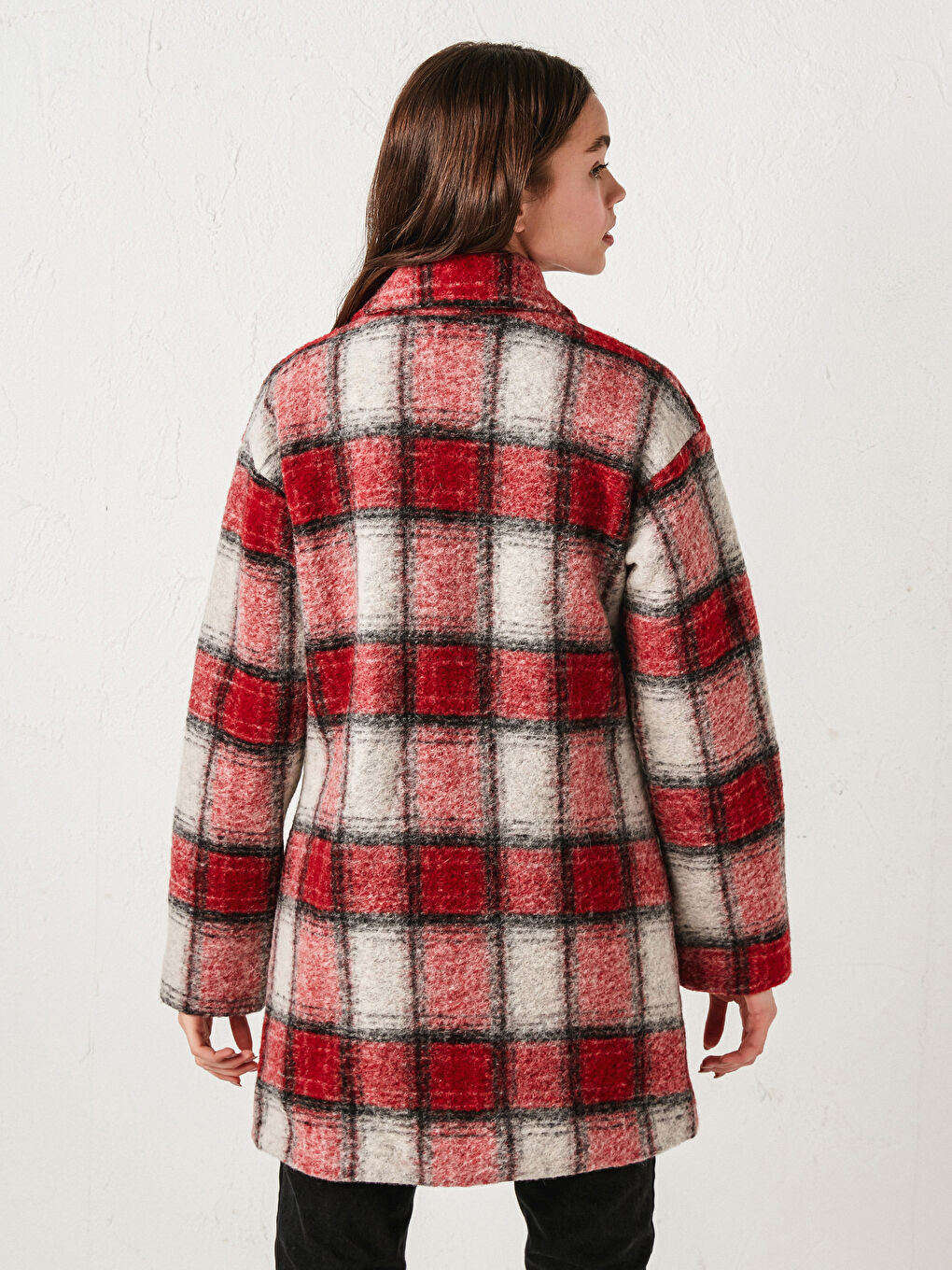 Kırmızı Gömlek Yaka Ekose Uzun Kollu Kadın Kaşe Kaban-6