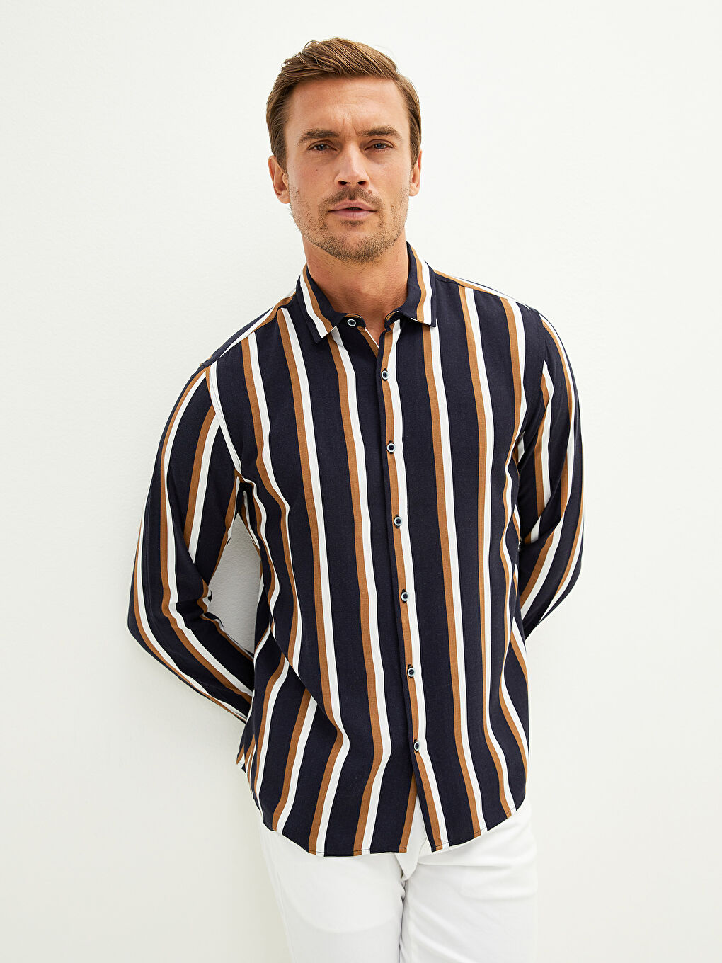 Lacivert Slim Fit Uzun Kollu Çizgili Erkek Gömlek-2