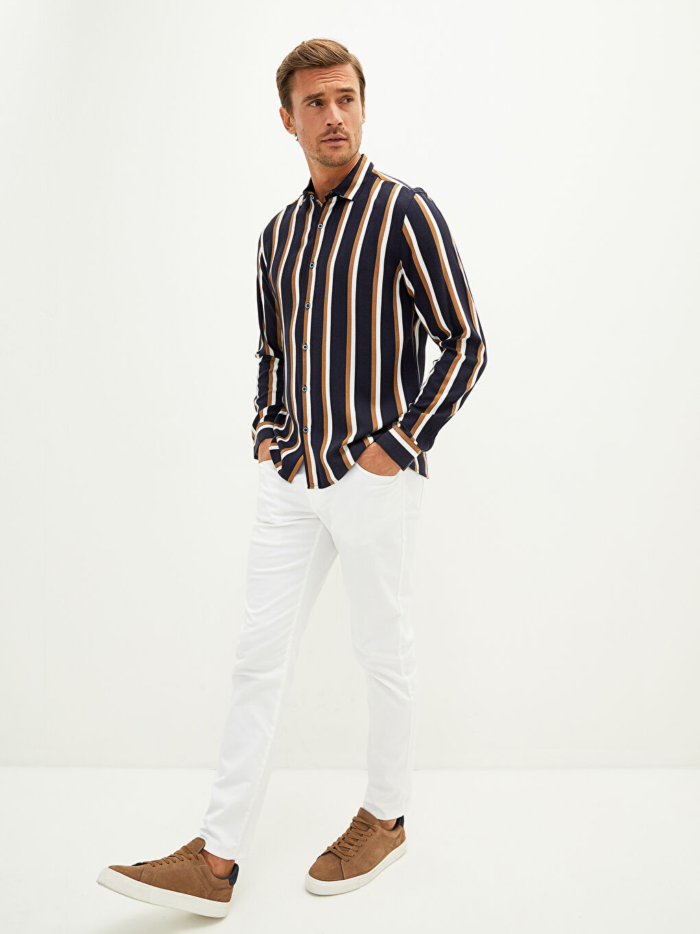 Lacivert Slim Fit Uzun Kollu Çizgili Erkek Gömlek-3