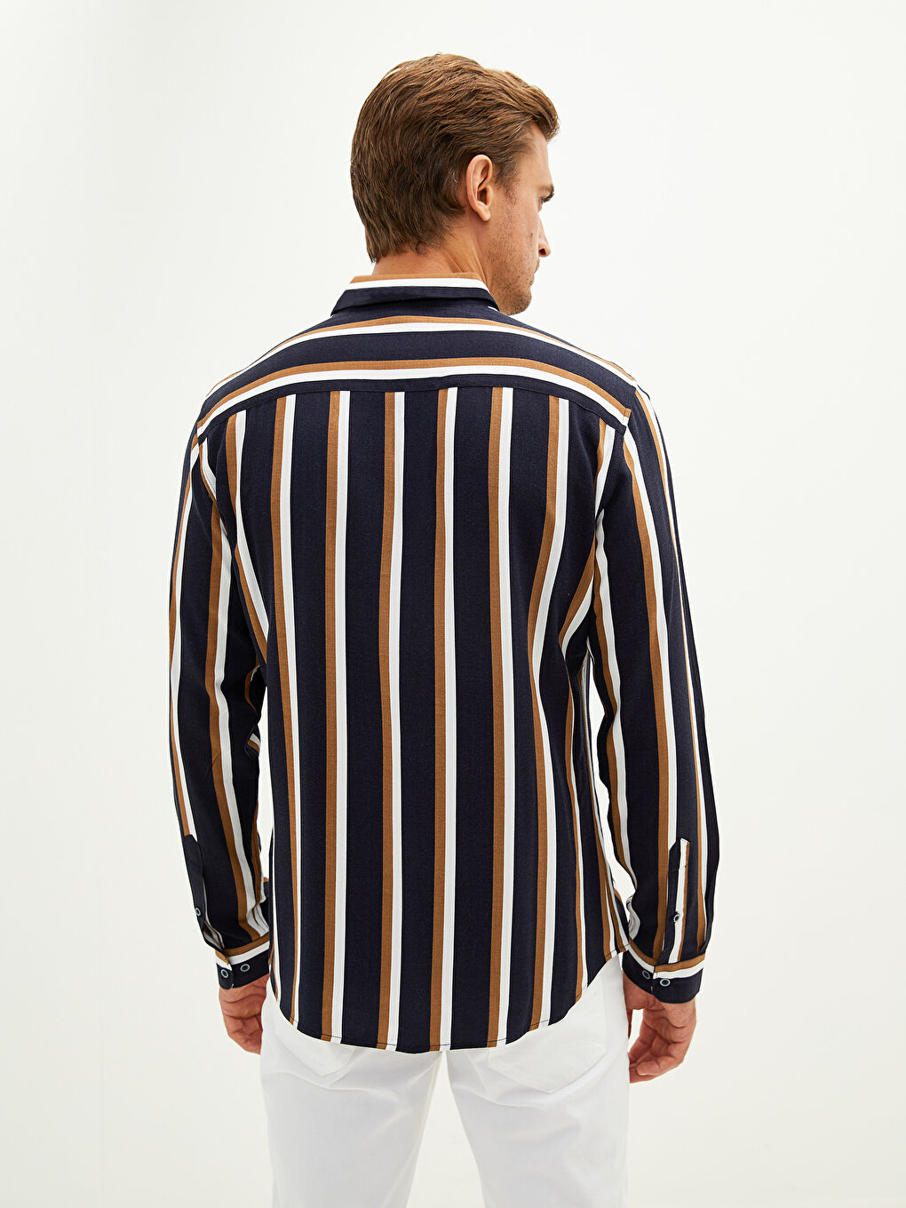 Lacivert Slim Fit Uzun Kollu Çizgili Erkek Gömlek-4