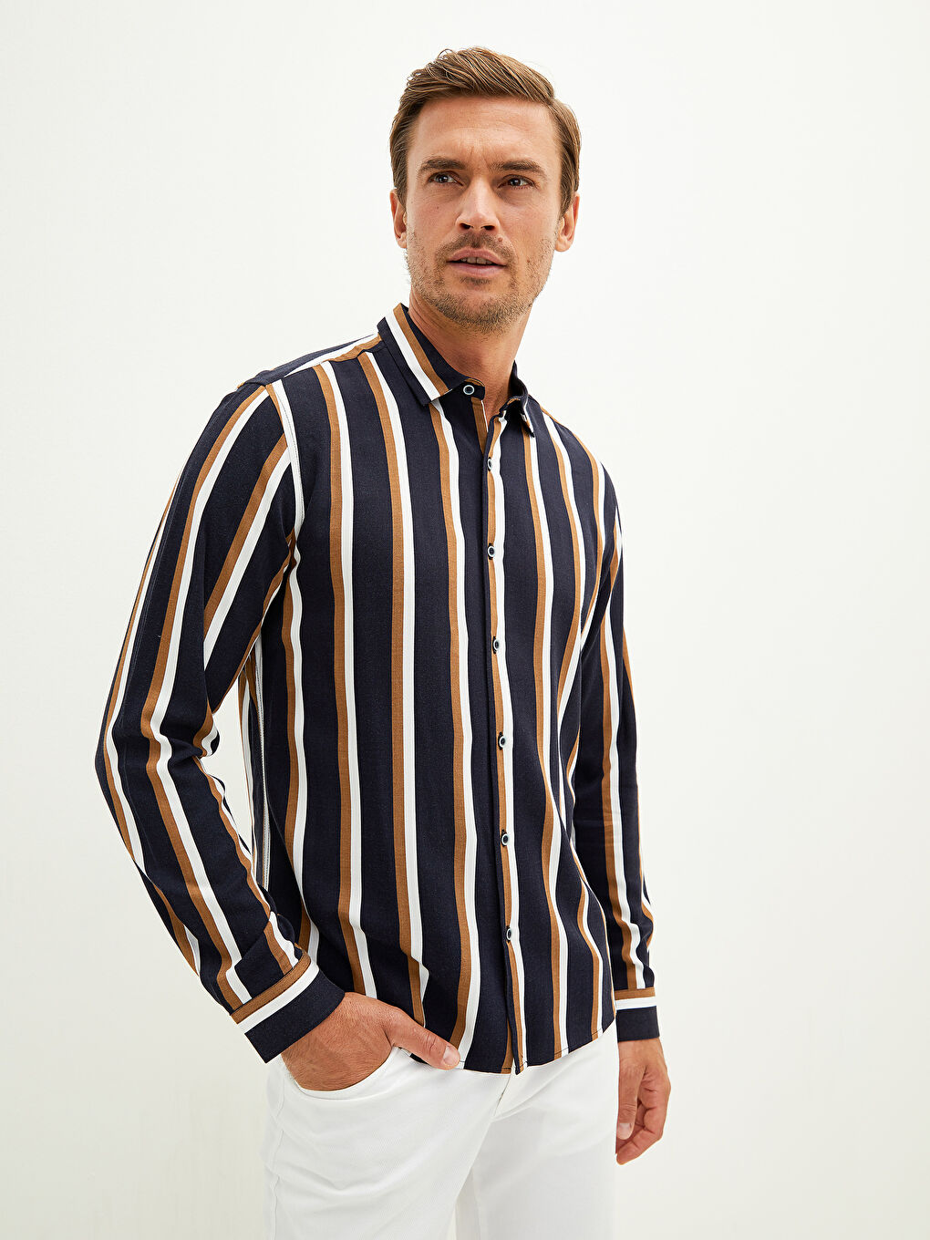 Lacivert Slim Fit Uzun Kollu Çizgili Erkek Gömlek