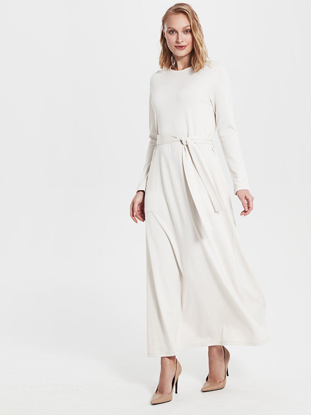 Gri Bisiklet Yaka Düz Uzun Kollu Ponte Kadın Elbise-2