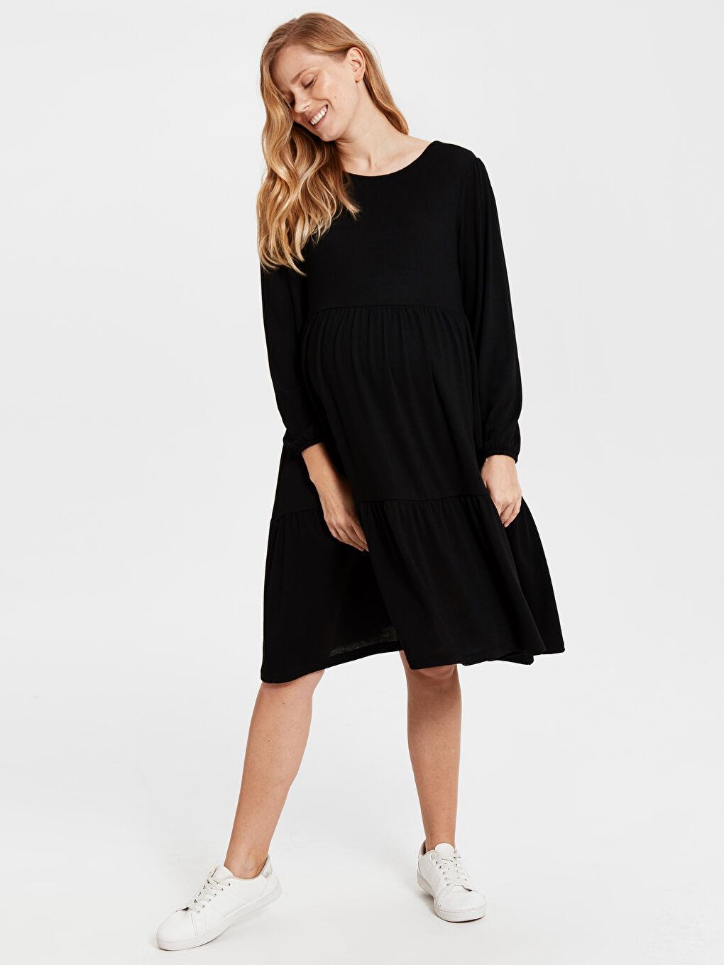 Siyah Bisiklet Yaka Uzun Kollu Viskon Hamile Elbise