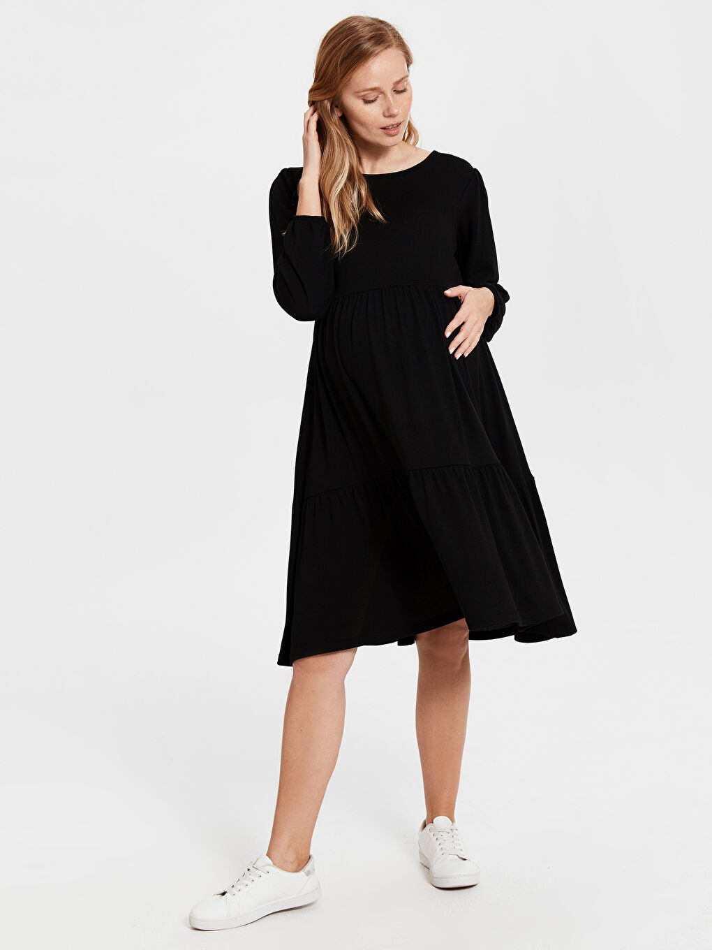 Siyah Bisiklet Yaka Uzun Kollu Viskon Hamile Elbise-1