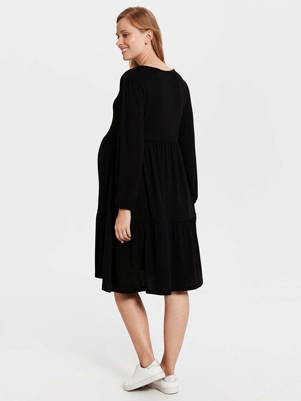 Siyah Bisiklet Yaka Uzun Kollu Viskon Hamile Elbise-2