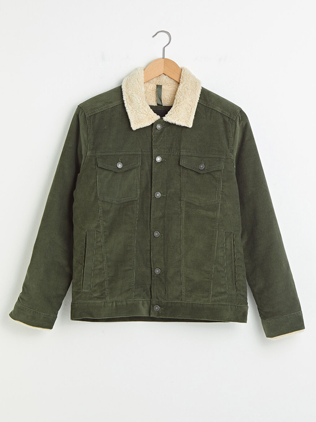 Haki Slim Fit Kürk Yaka Kadife Erkek Mont-10